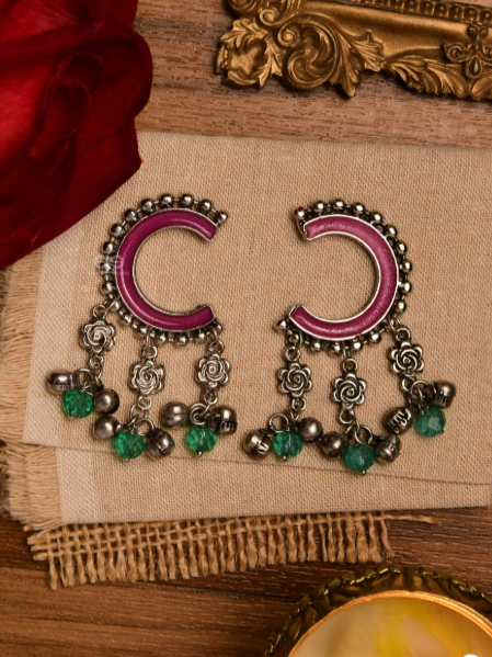 Crescent Bloom - Oxidised Enamelled Earring With Floral Charms