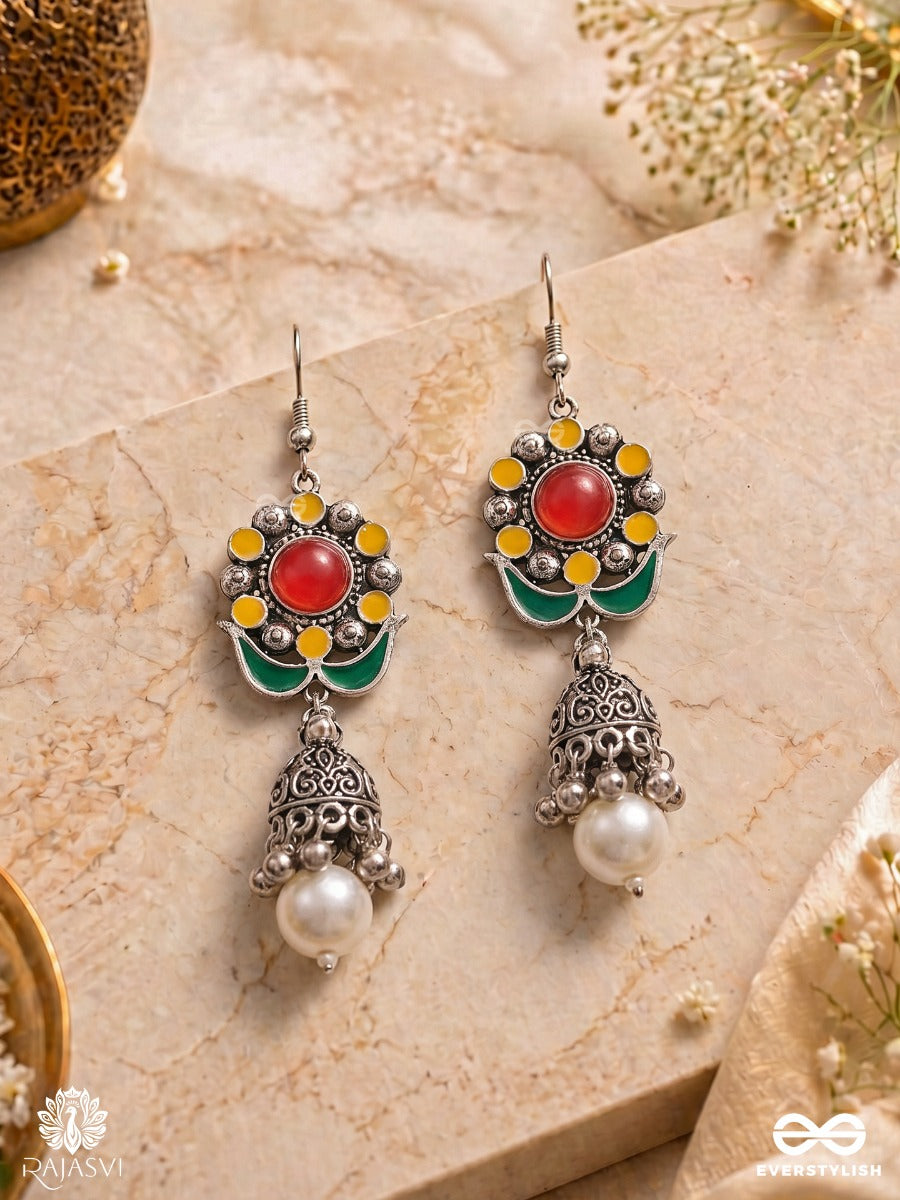 Bloom Burst - Floral Oxidised Jodhpuri Jhumkas With Pearl Drop