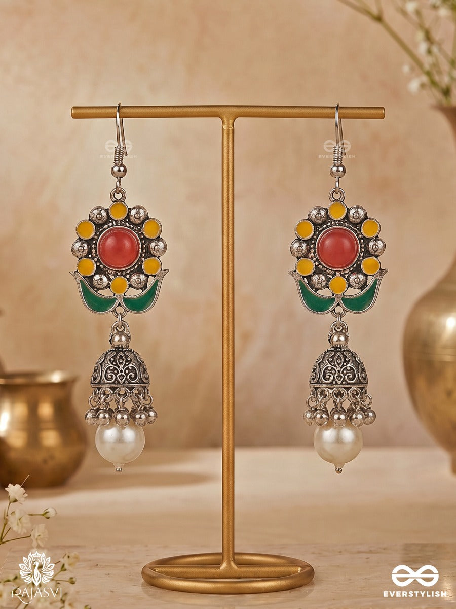 Bloom Burst - Floral Oxidised Jodhpuri Jhumkas With Pearl Drop