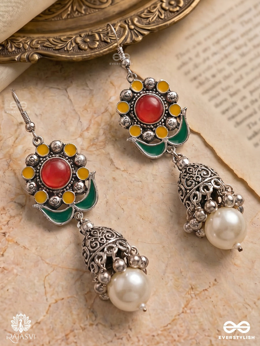 Bloom Burst - Floral Oxidised Jodhpuri Jhumkas With Pearl Drop