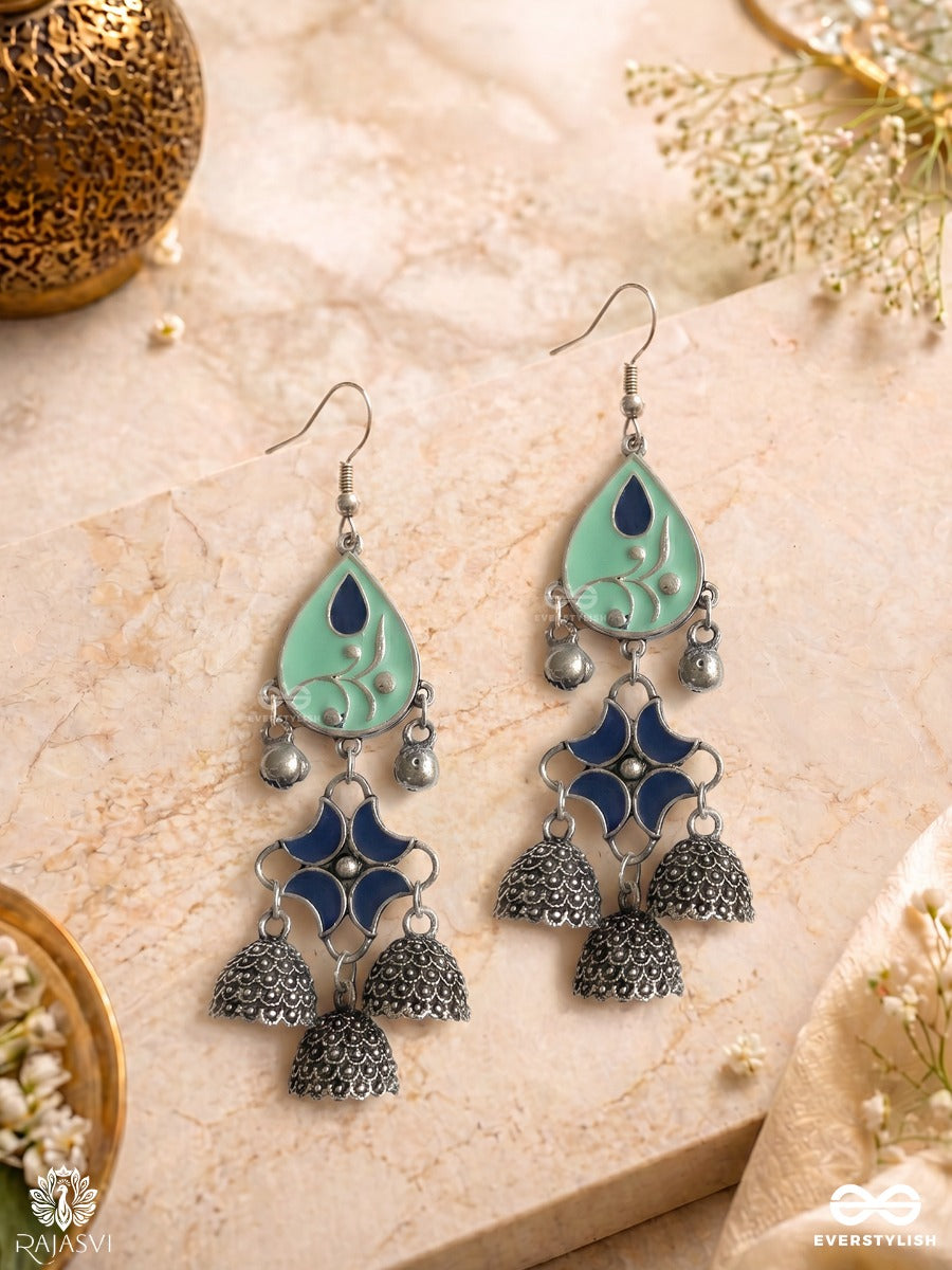 Blue Bloom - Teardrop Enamelled Oxidised Earring