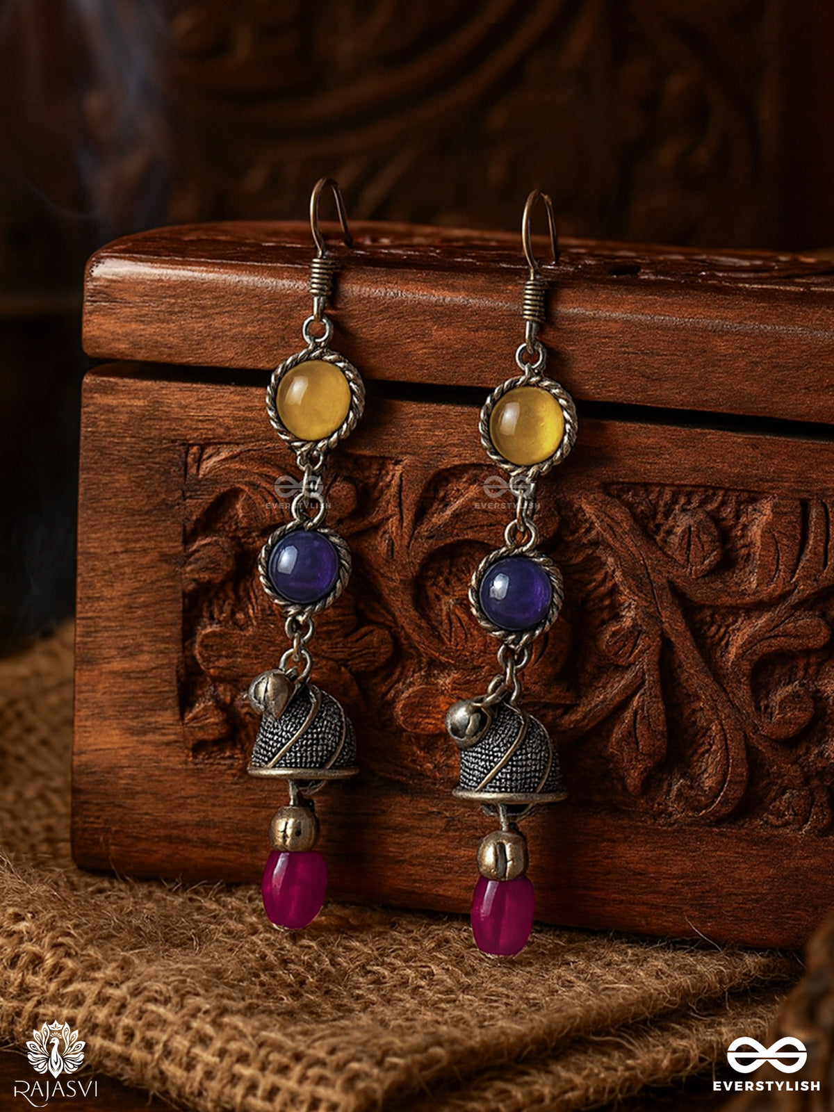 Color Pop - Oxidised Drop Jodhpuri Jhumkas