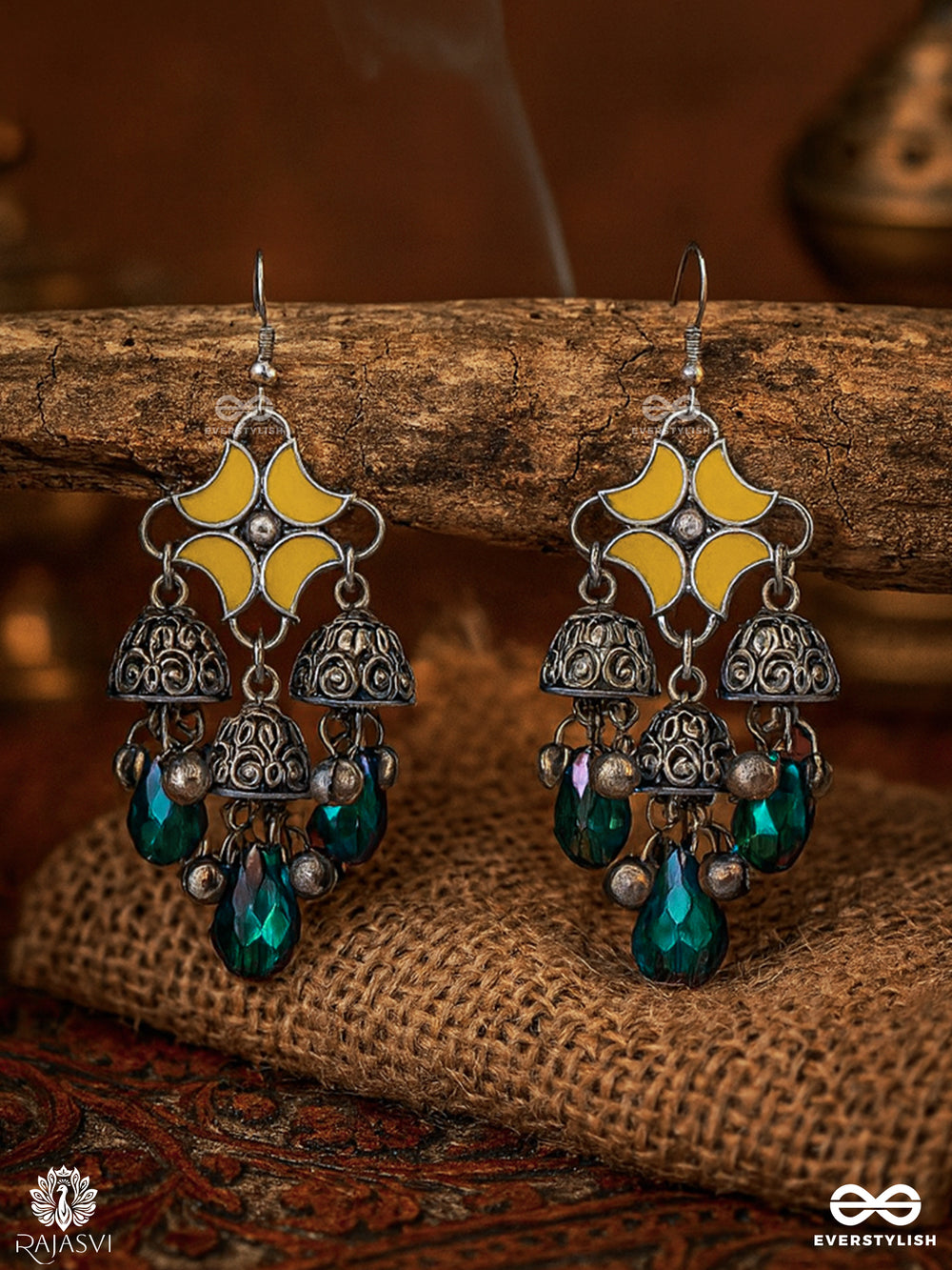 Sunburst Swing - Yellow Floral Enamel Oxidised Jodhpuri Jhumkas