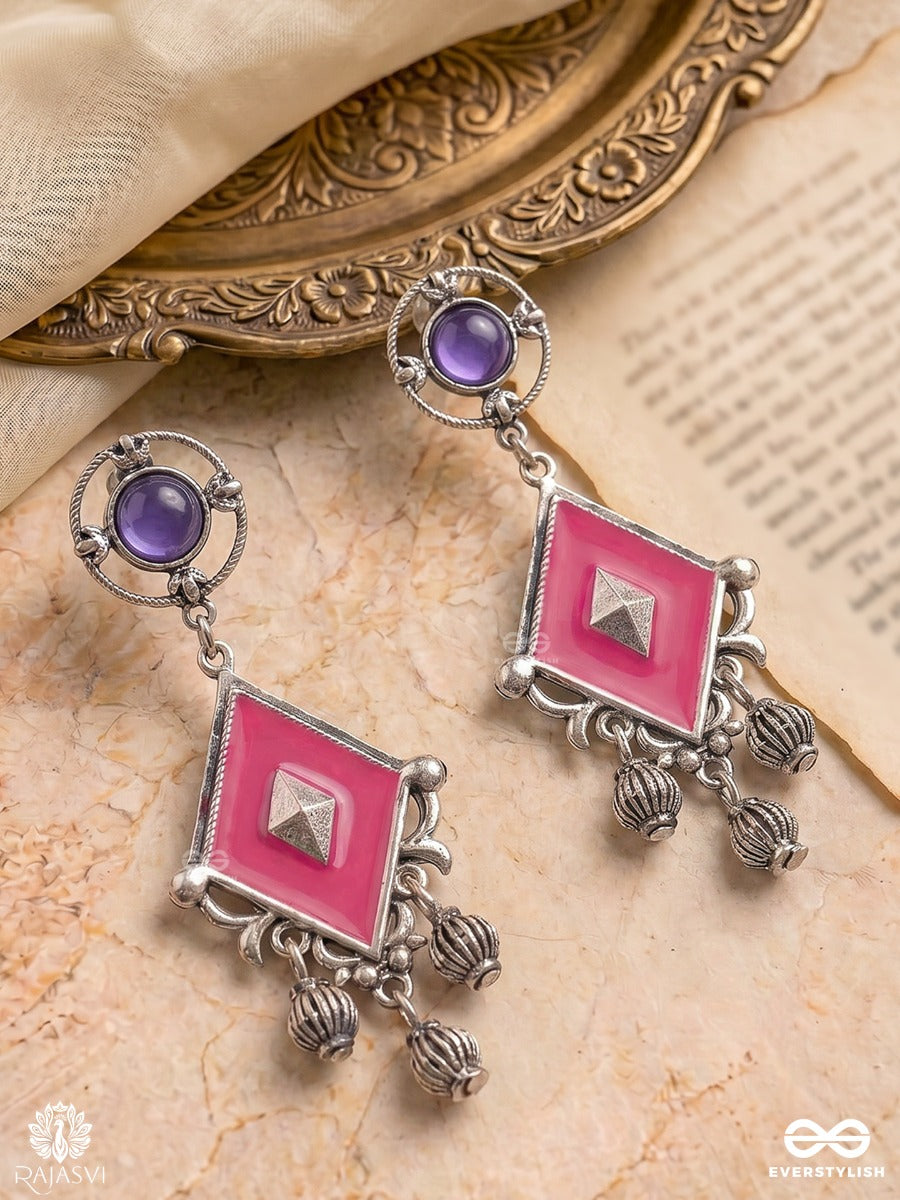 Ruby Dusk - Geometric Drop Enamelled Oxidised Earring