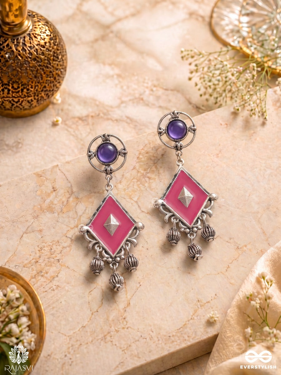 Ruby Dusk - Geometric Drop Enamelled Oxidised Earring
