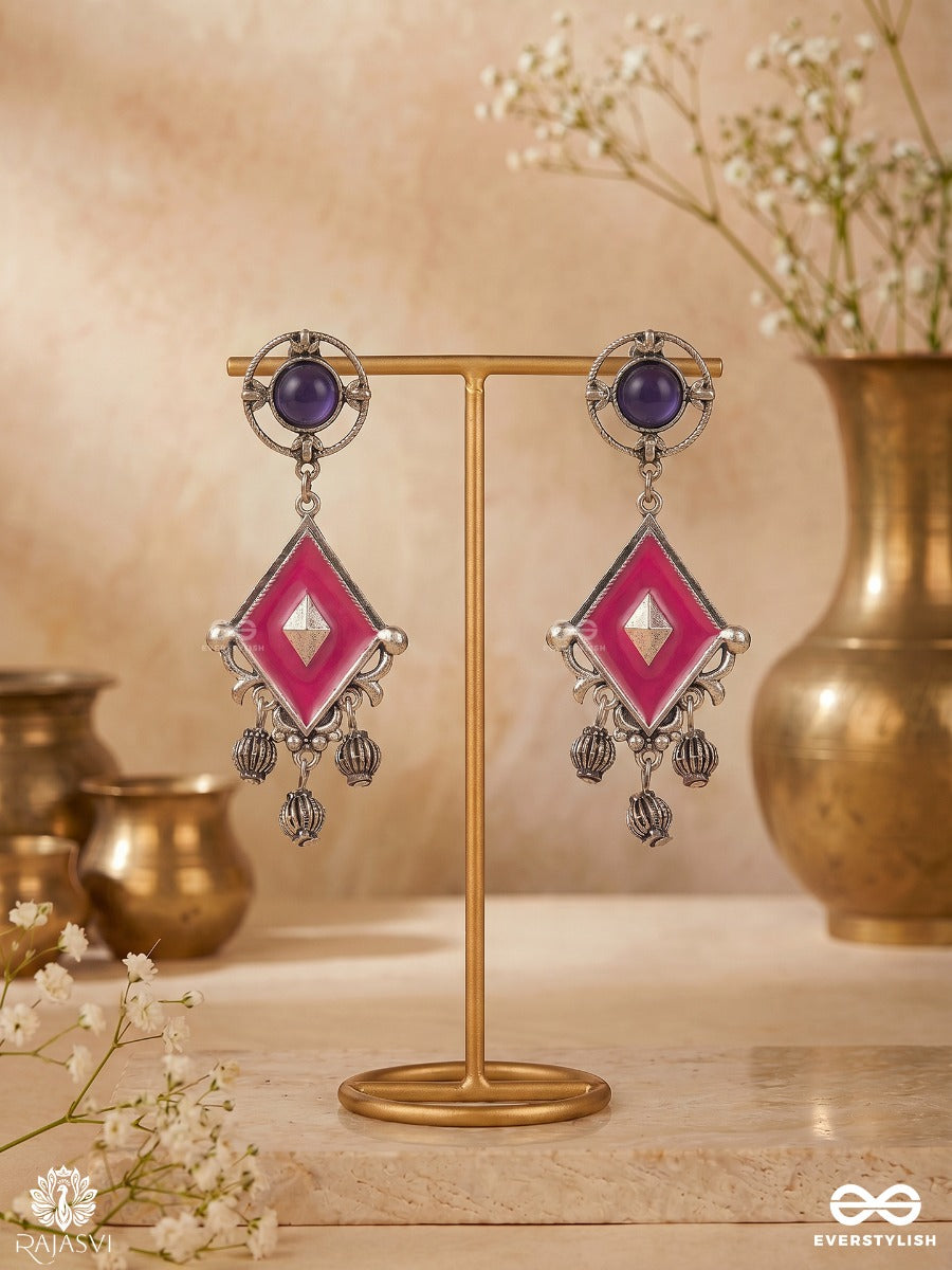 Ruby Dusk - Geometric Drop Enamelled Oxidised Earring