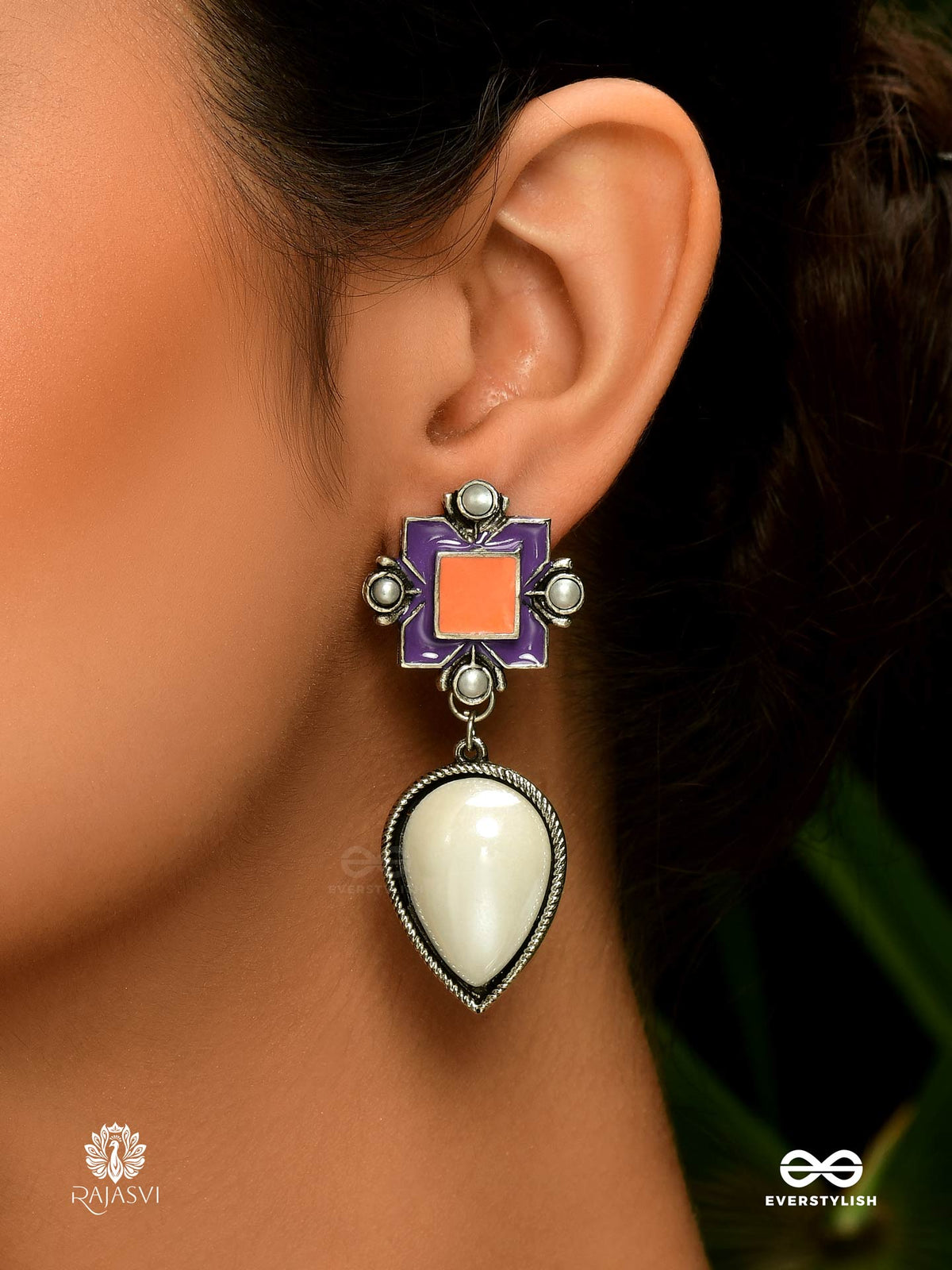 Droplet Dream - Geometric Enamel Stud With Pearl Drop