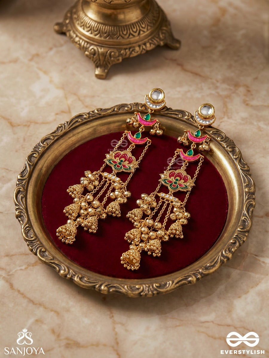 Kalyanika - Auspicious One - Traditional Ornate Lotus Kashmiri Chain Earrings With Multi-Layer Bead Work