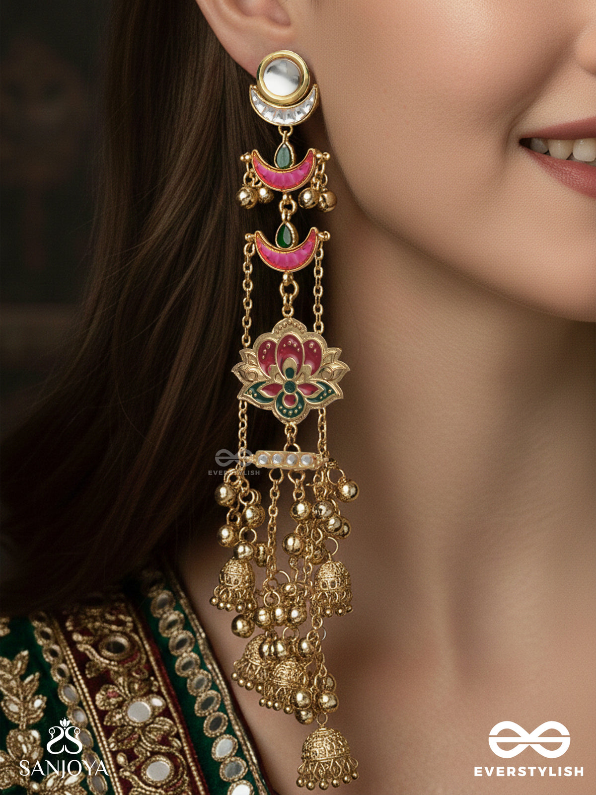 Kalyanika - Auspicious One - Traditional Ornate Lotus Kashmiri Chain Earrings With Multi-Layer Bead Work