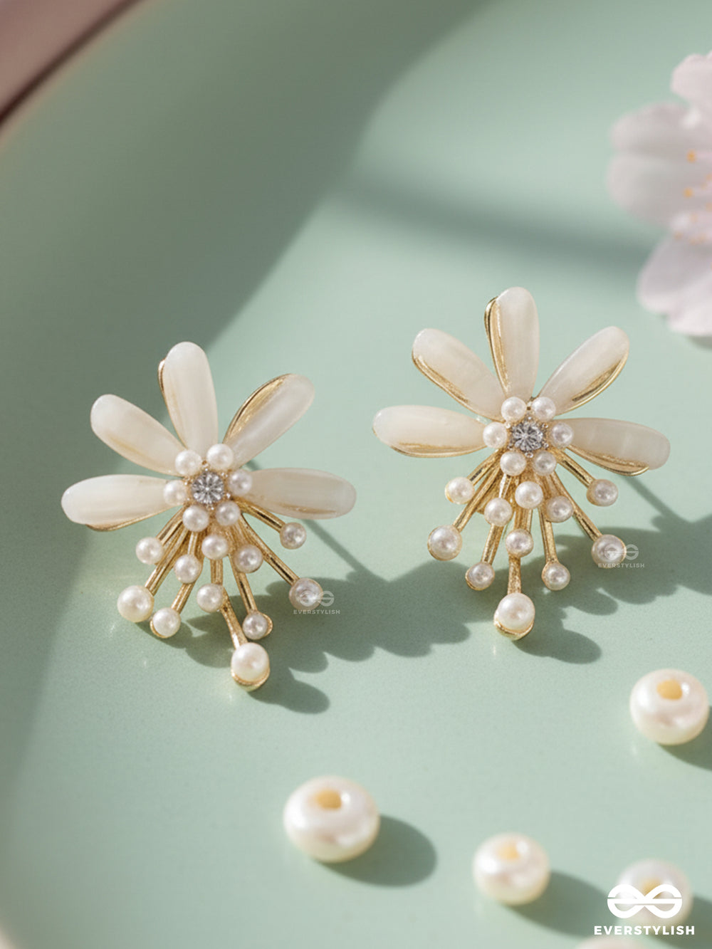 Pearl Bloom - Delicate Floral Stud Earrings With Pearl Drops