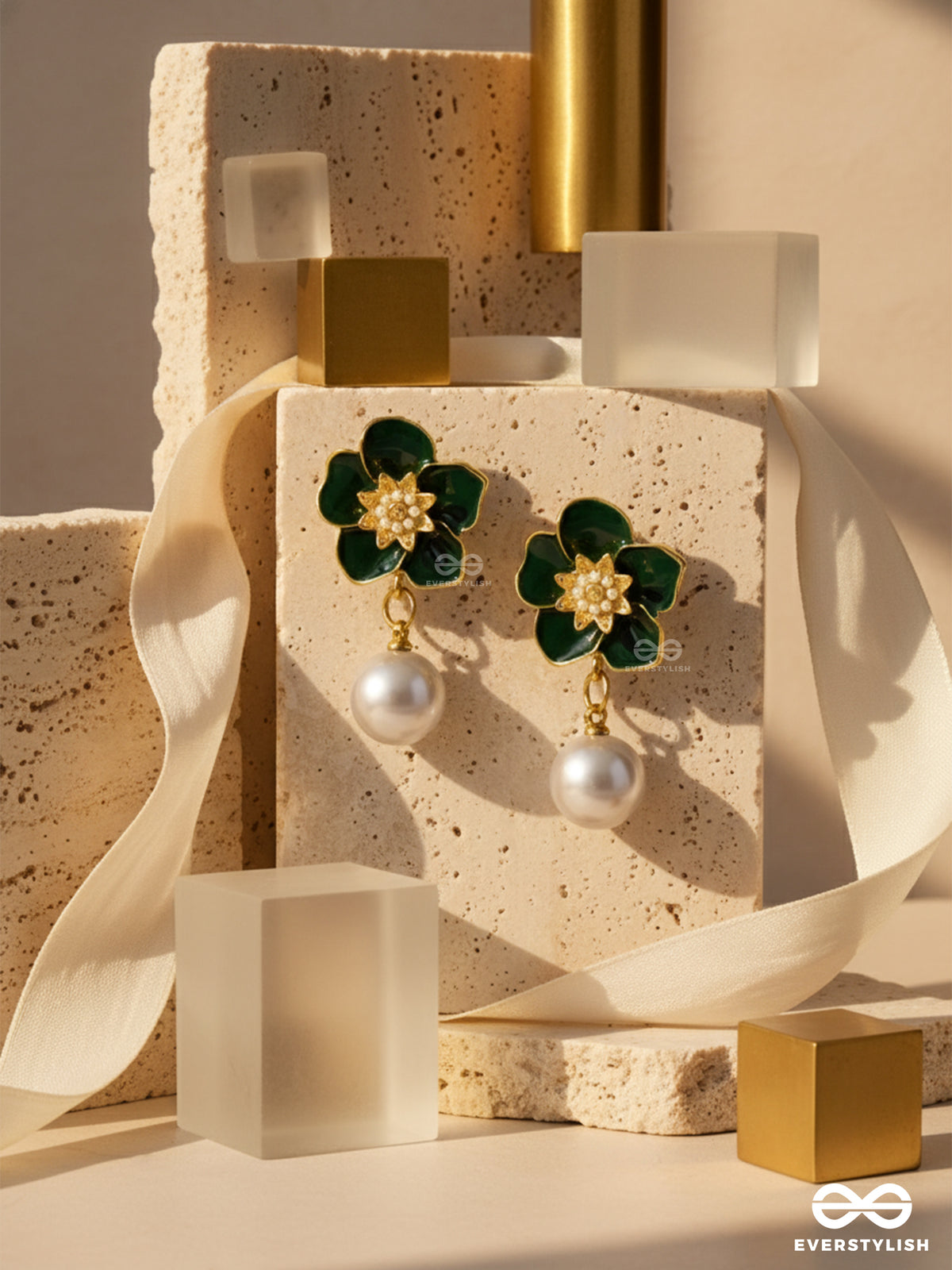 Royal Petal - Green Floral And Pearl Drops With Modern Mystique