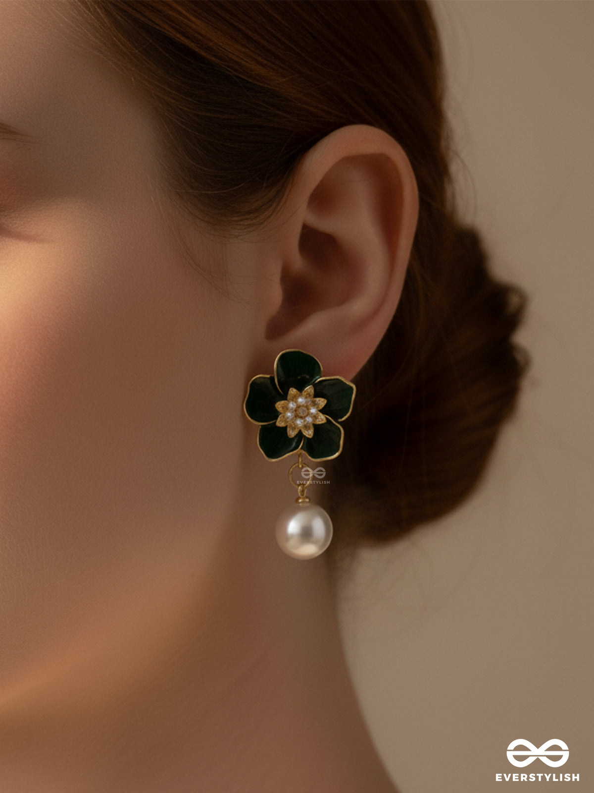 Royal Petal - Green Floral And Pearl Drops With Modern Mystique