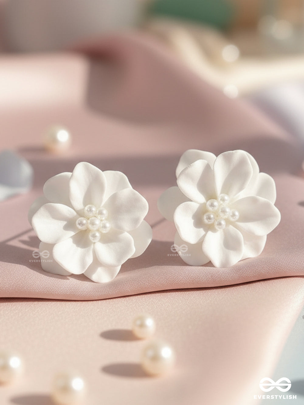 Muse Fleur-White Floral Studs With A Soft, Creamy Finish