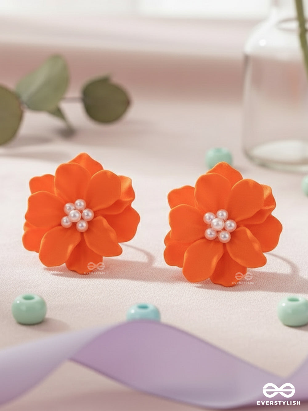 Muse Fleur- Orange Floral Studs With A Soft, Creamy Finish
