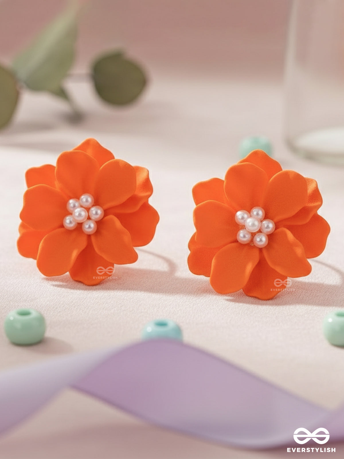 Muse Fleur- Orange Floral Studs With A Soft, Creamy Finish