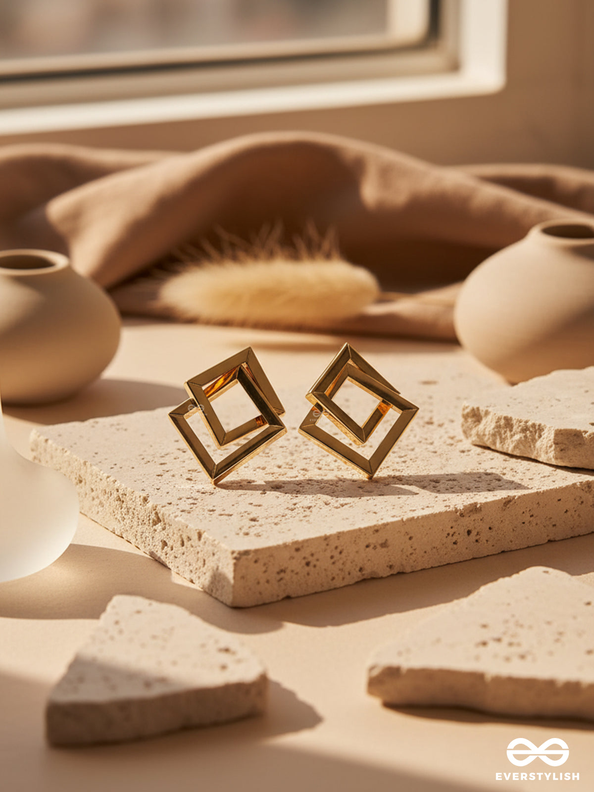 Golden Dimension - Open Cube Statement Earrings