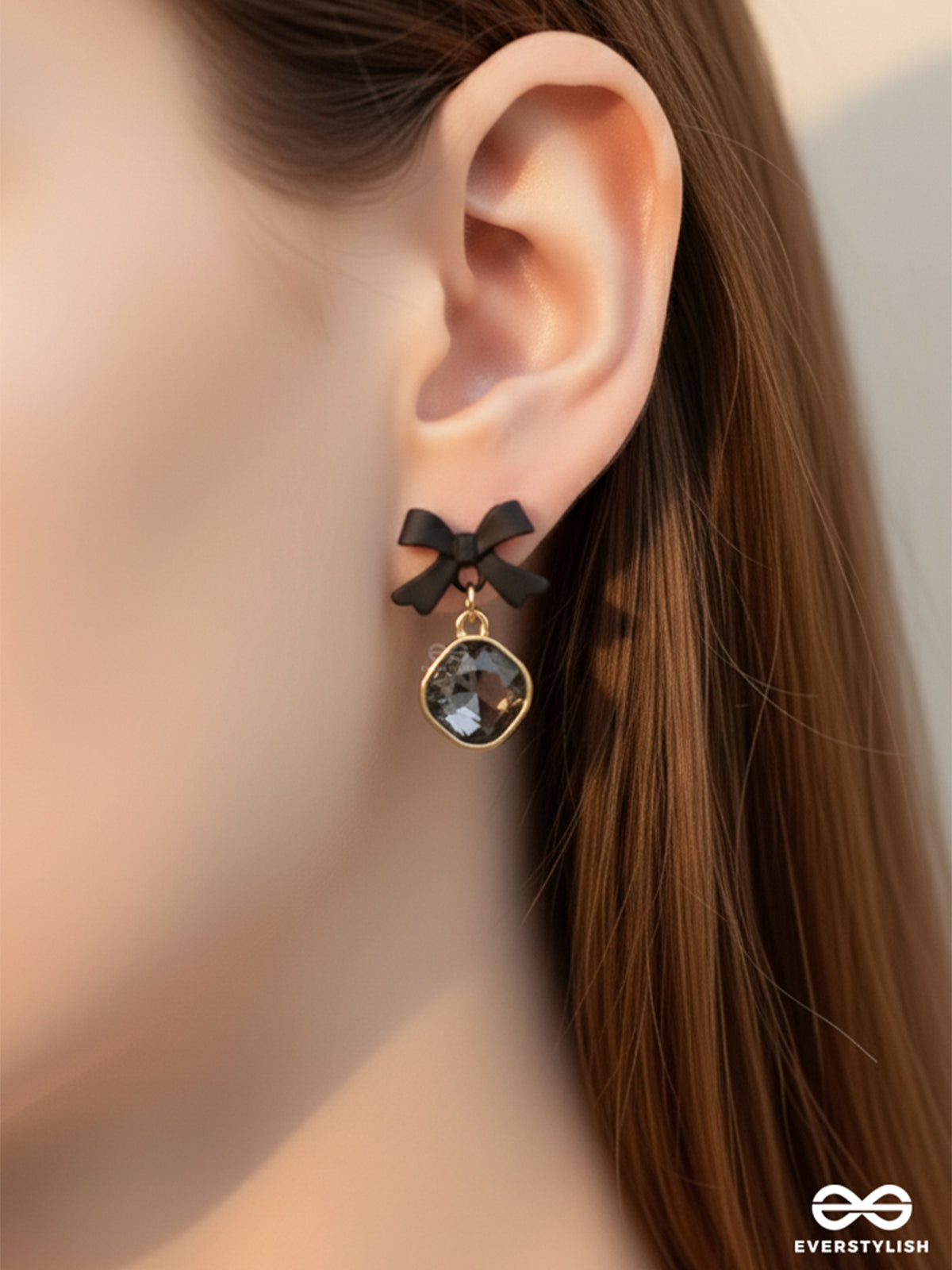 Night Whispers - Chic Bow Earrings With Glossy Black Gemstones