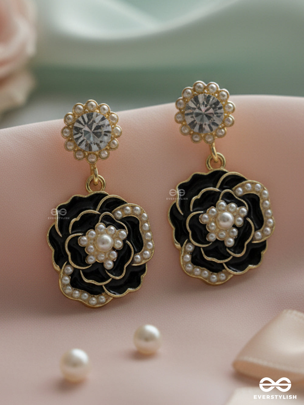 Midnight Rose - Statement Drop Earrings With Gold Trim