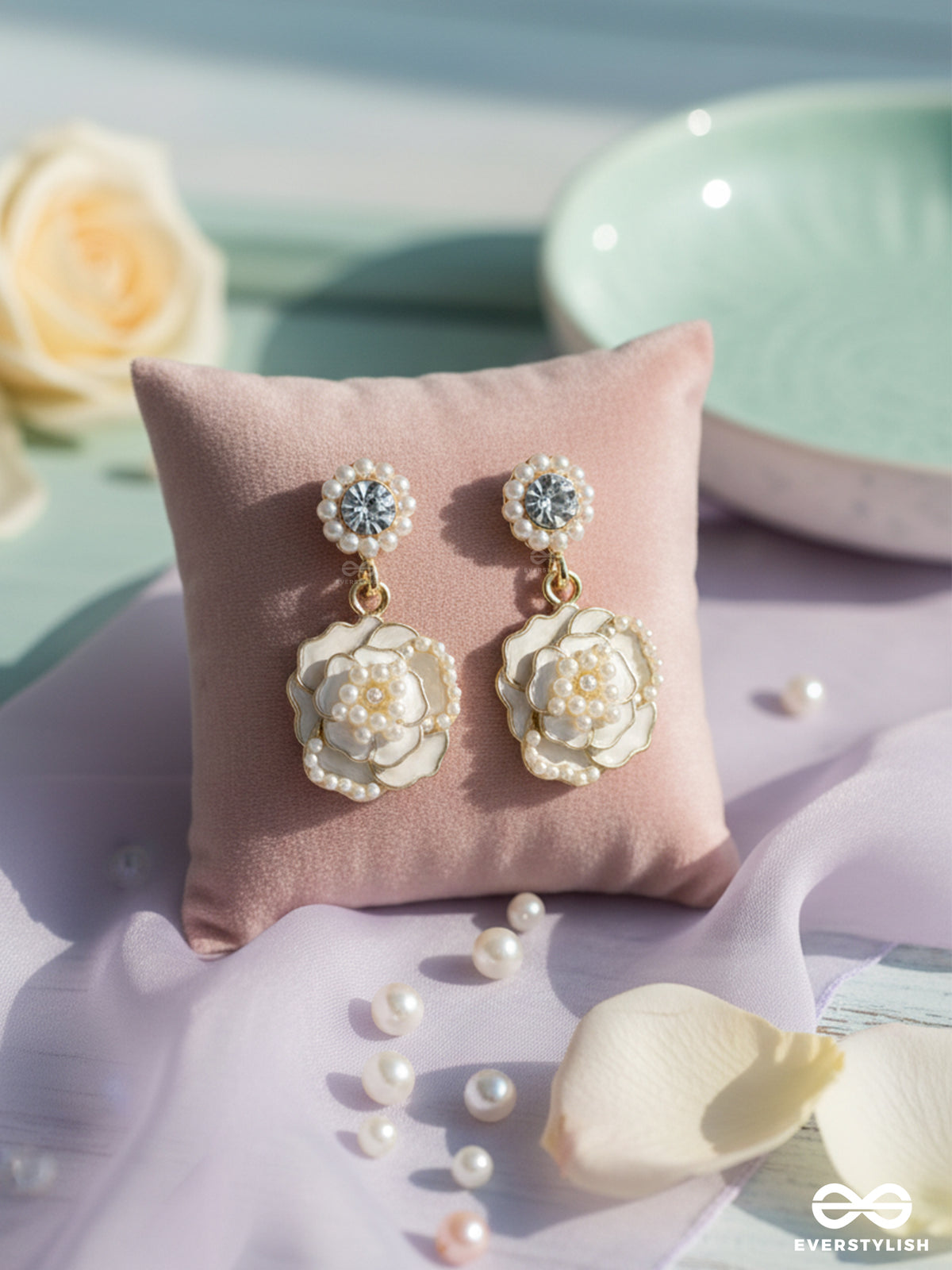 Snow Blossom - Textured Floral Drops With Dazzling Studs