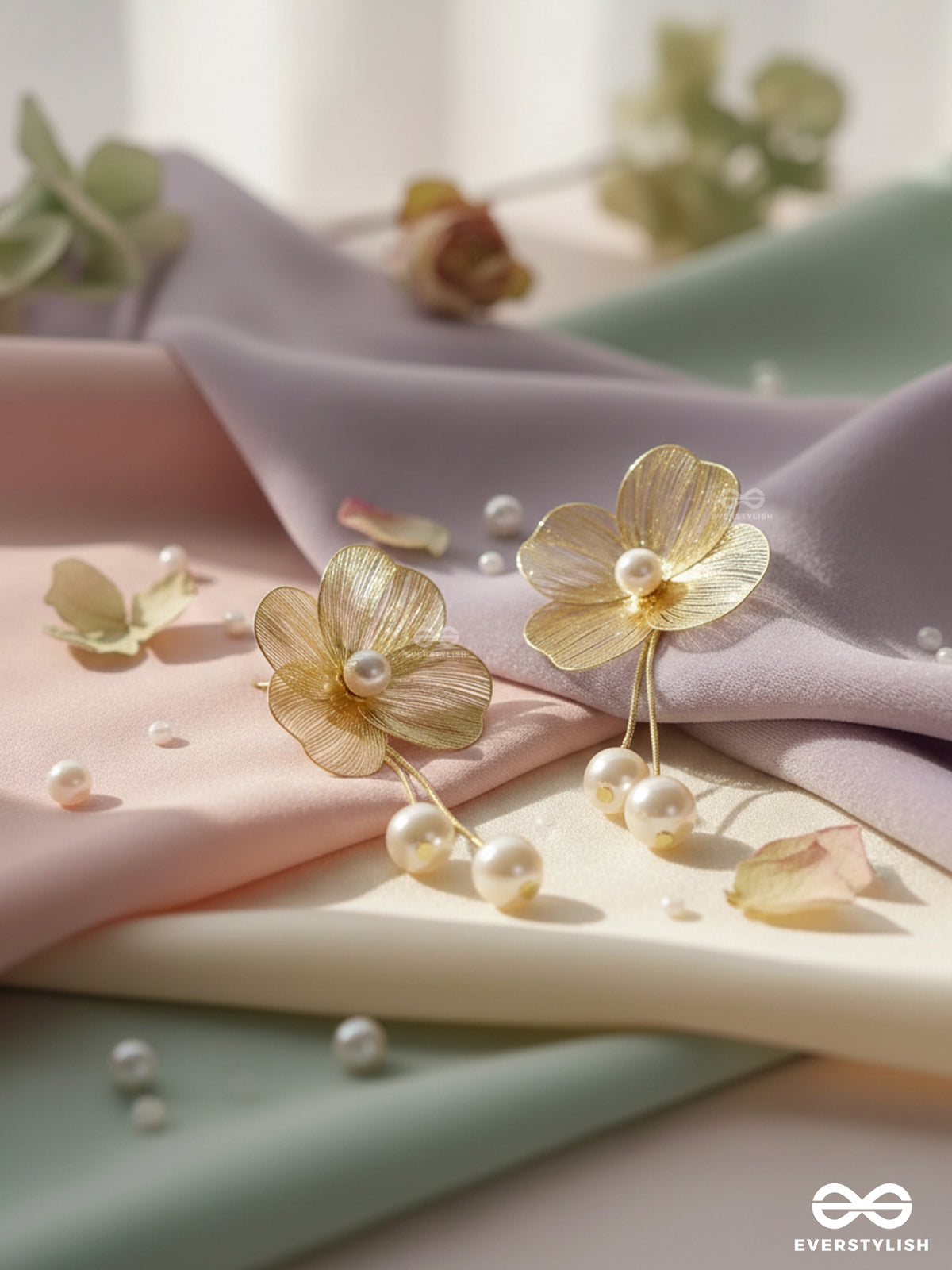 Petal Cascade - Golden Floral Earrings With Pearl Drops