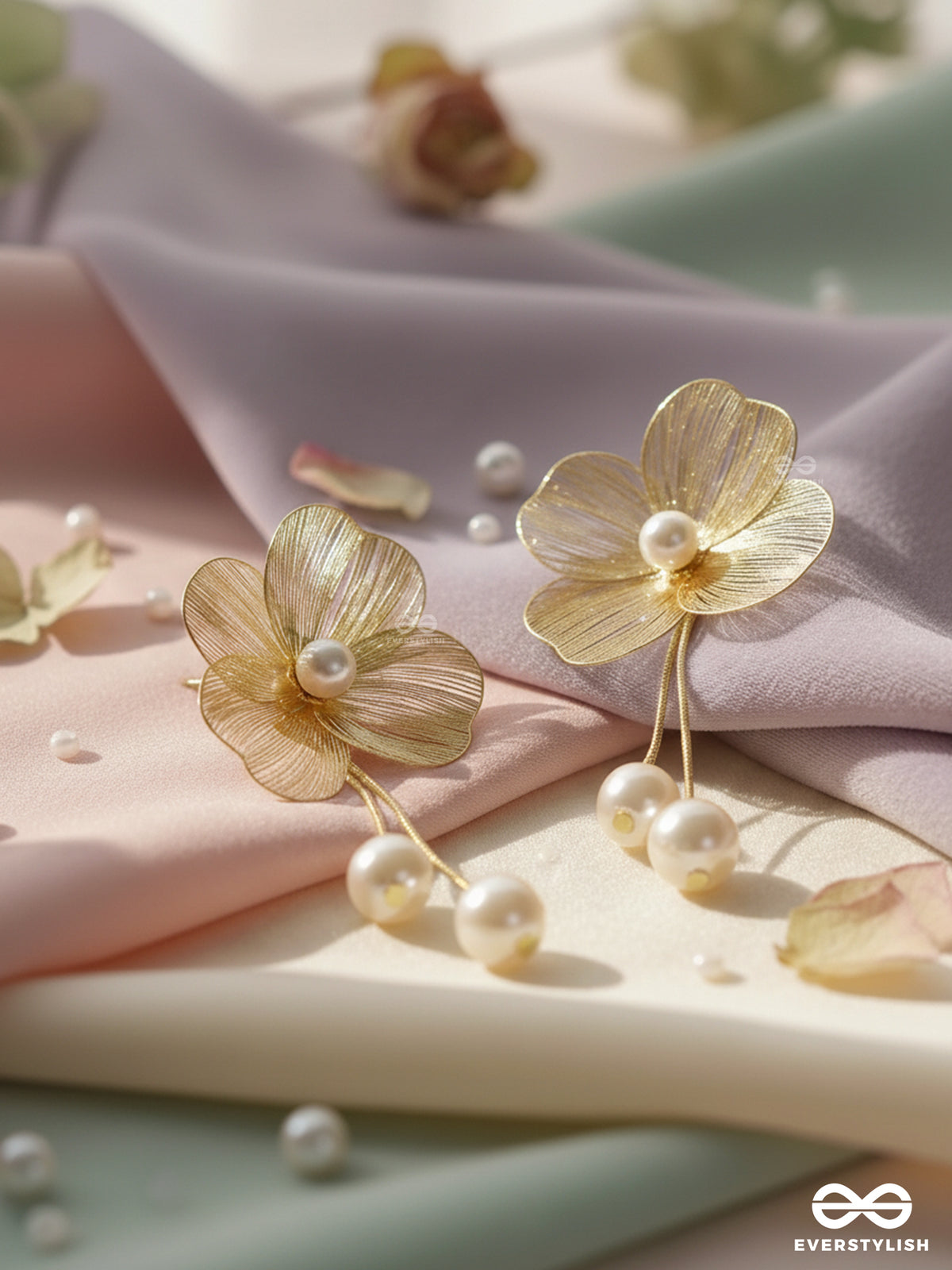 Petal Cascade - Golden Floral Earrings With Pearl Drops