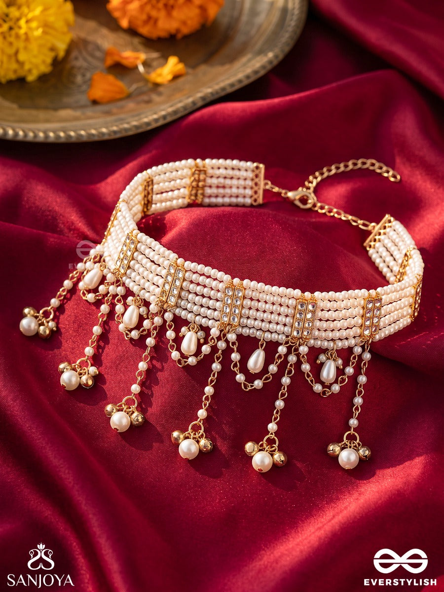 Muktaara - Pearl Adornment - Pearl Choker Necklace With Hanging Chains