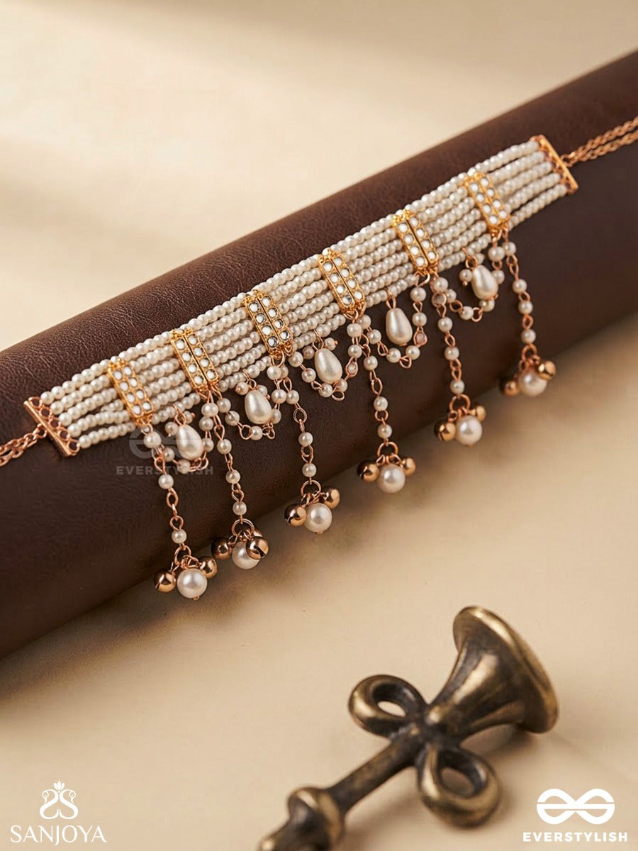 Muktaara - Pearl Adornment - Pearl Choker Necklace With Hanging Chains