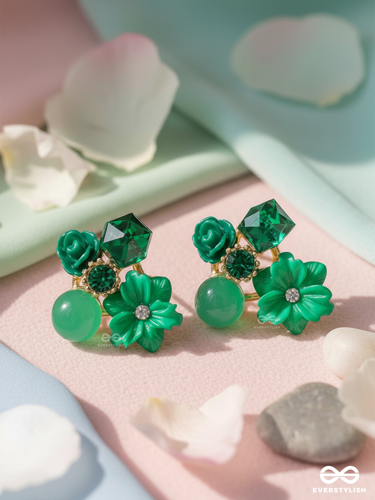 Petal Pop - Charming Studs In Green Shades With Flower Details