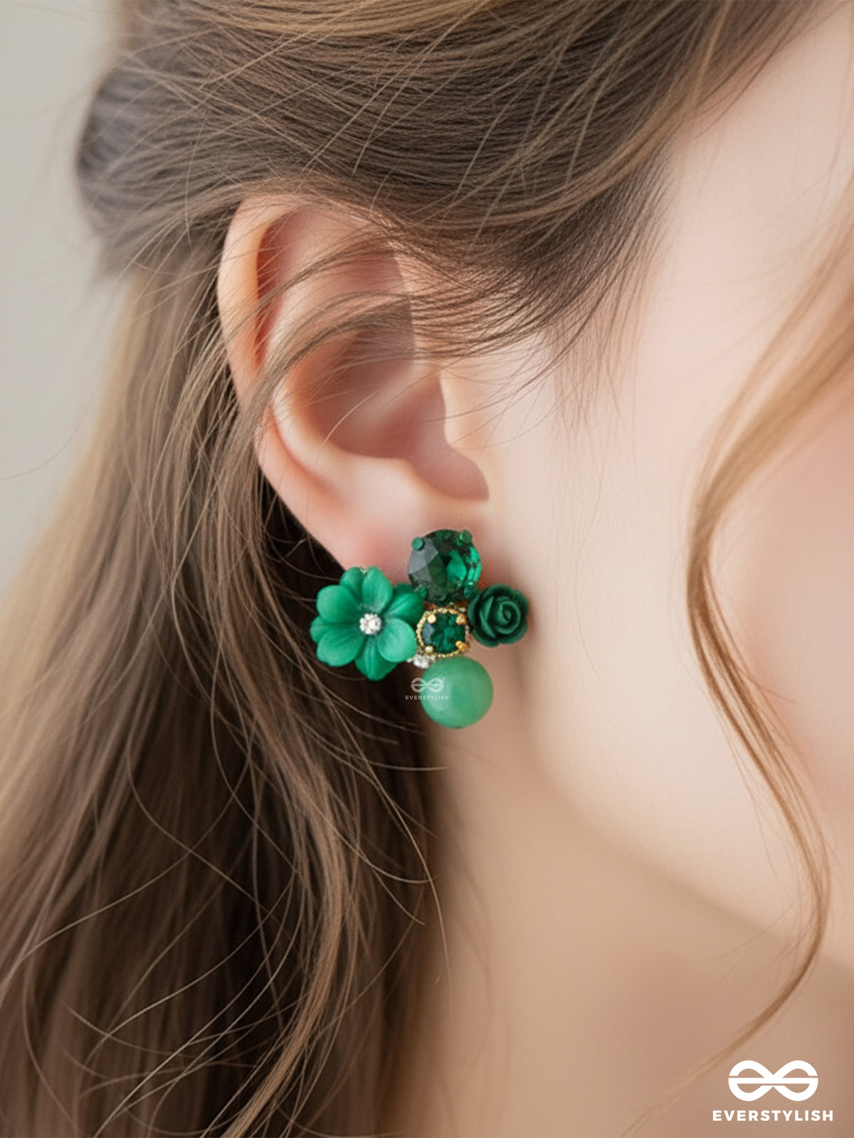 Petal Pop - Charming Studs In Green Shades With Flower Details