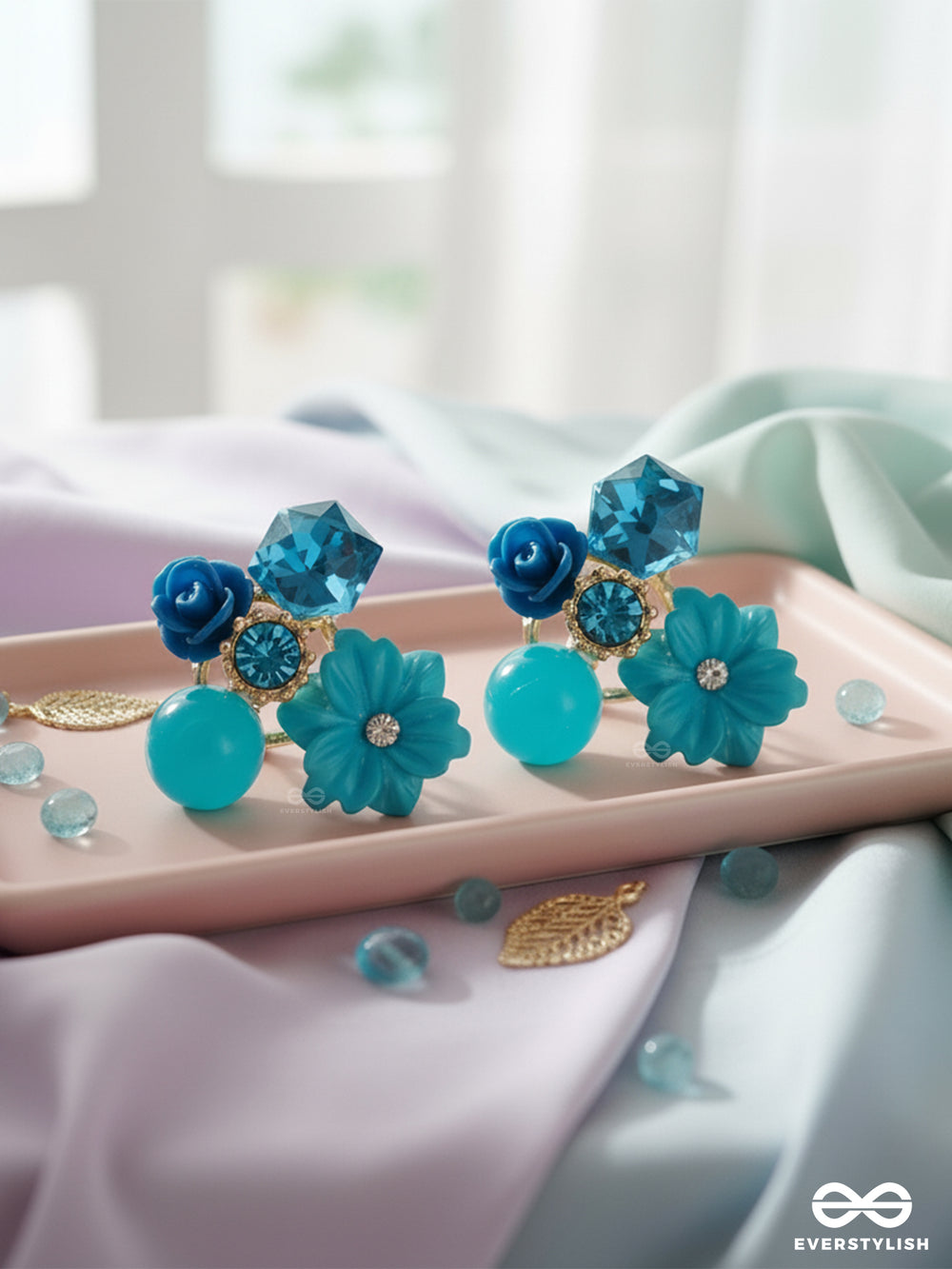 Petal Pop - Charming Studs In Blue Shades With Flower Details