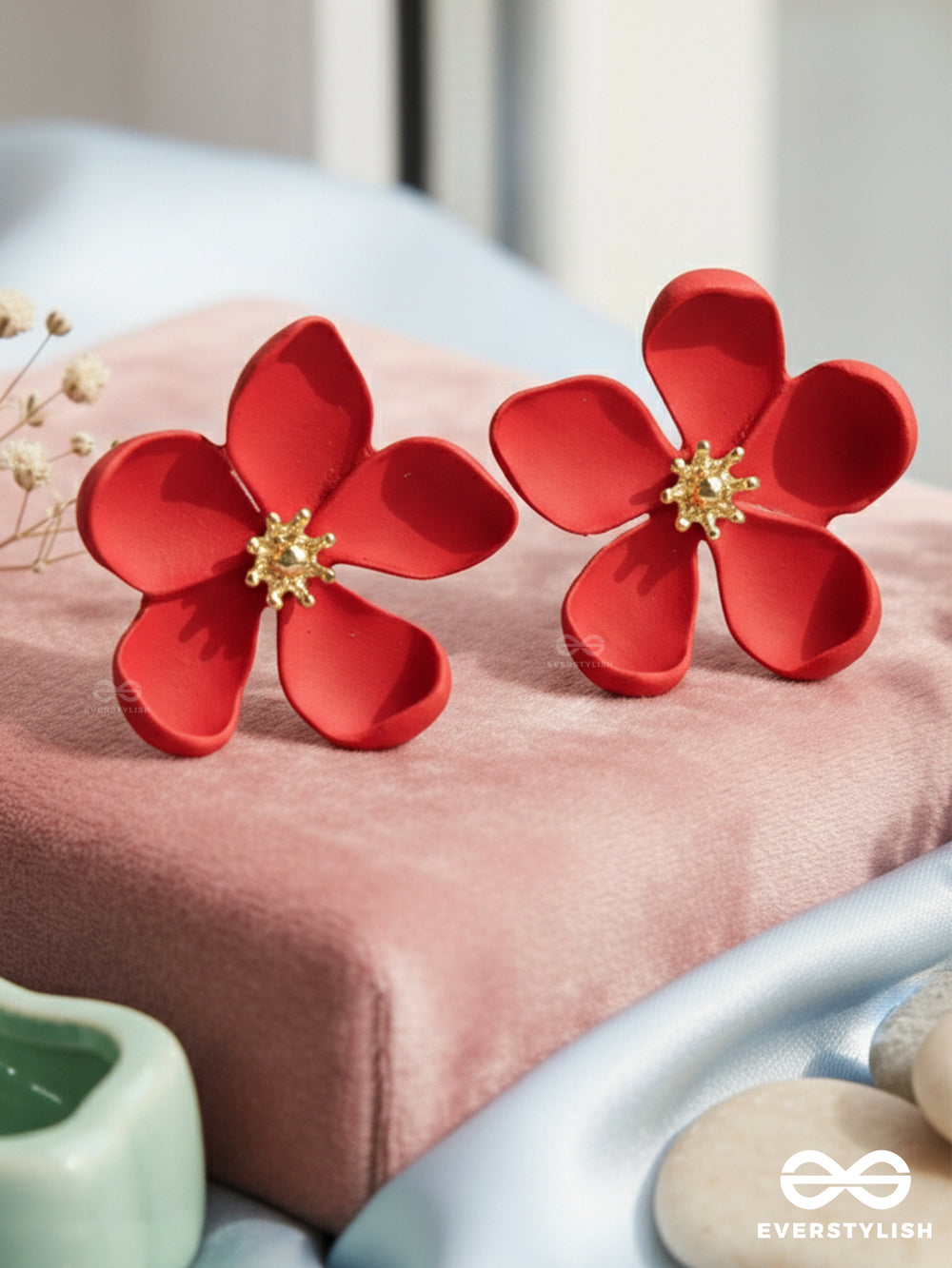 Crimson Muse - Matte Red Flower Earrings