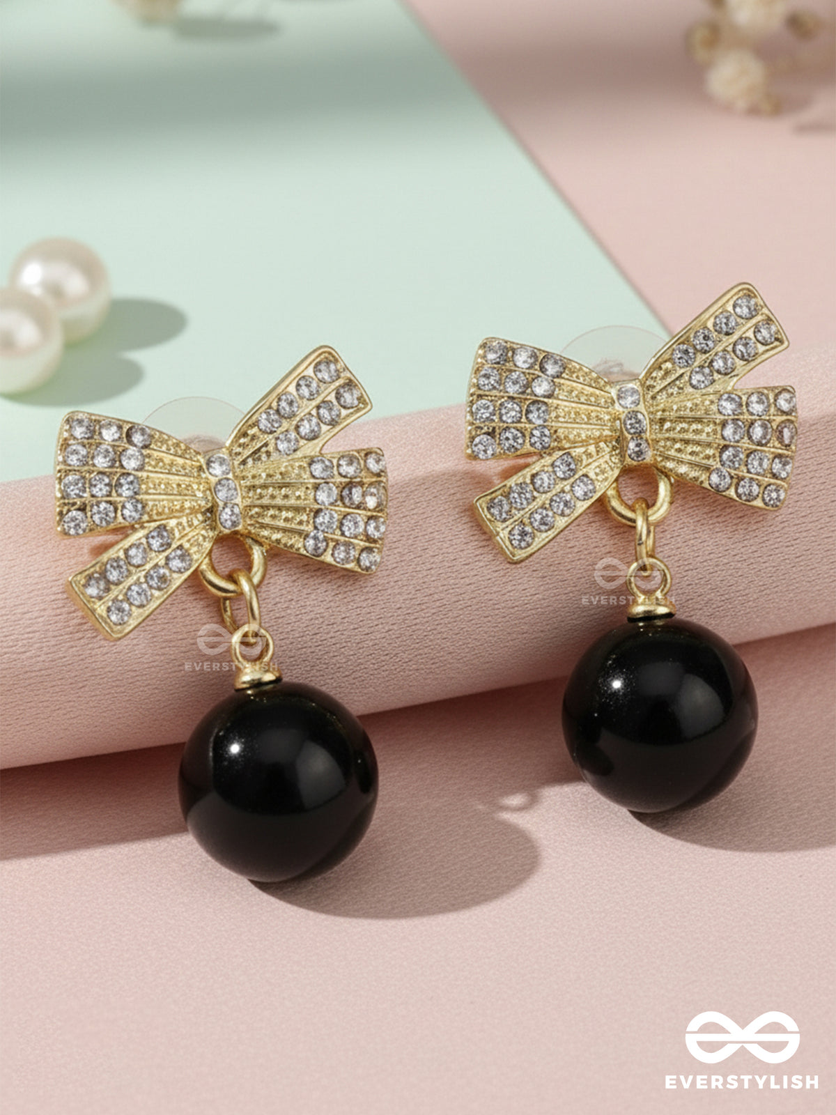 Luxe Bow - Embellished Gold Bow Earrings With Drop Bead