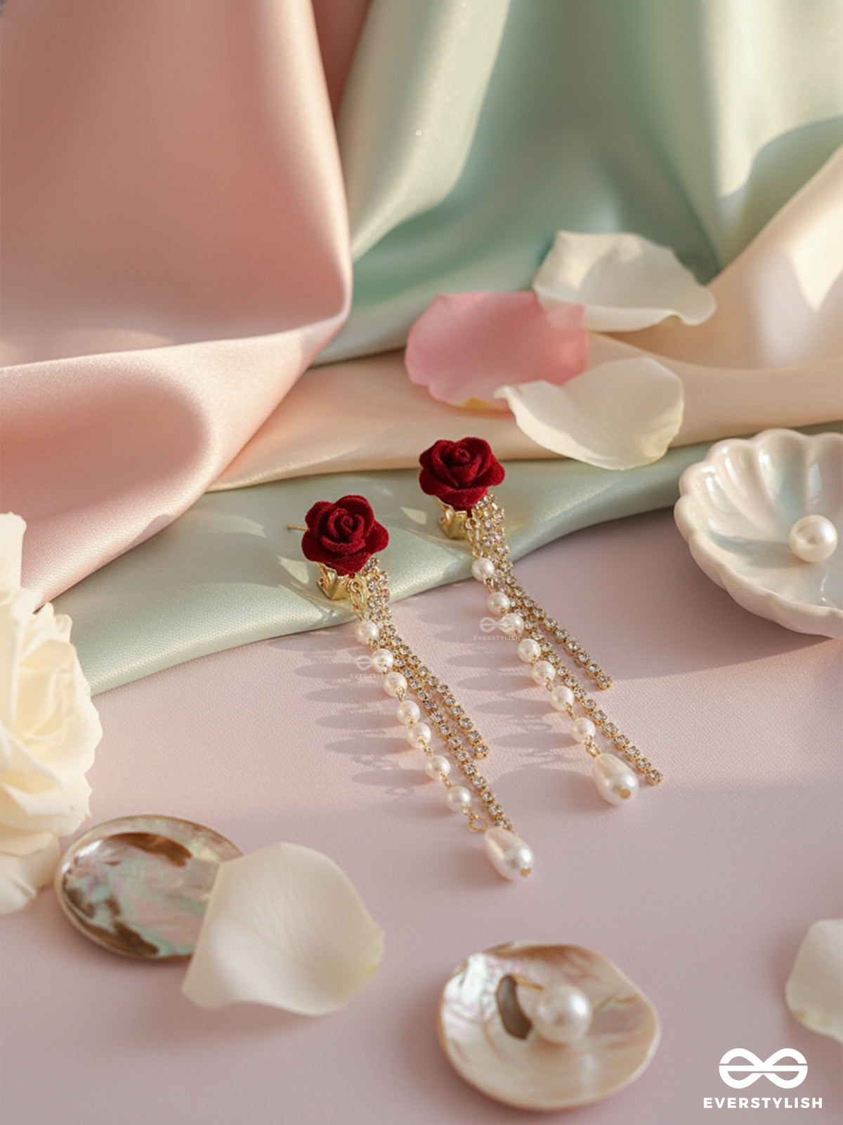 Scarlet Fall - Elegant Rose Chain Dangler Earrings