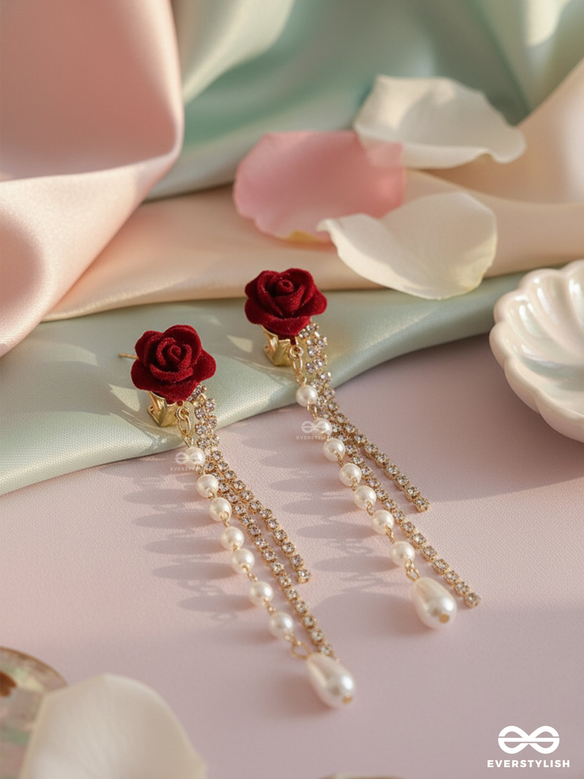 Scarlet Fall - Elegant Rose Chain Dangler Earrings