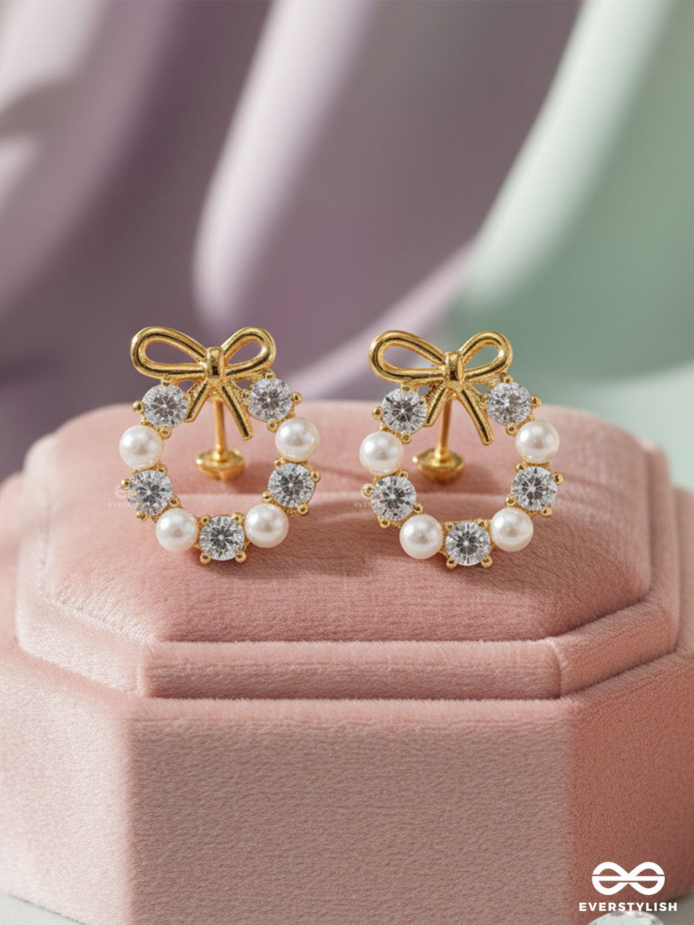 Ribbon Pearl - Lustrous Bow-Top Gold Earrings