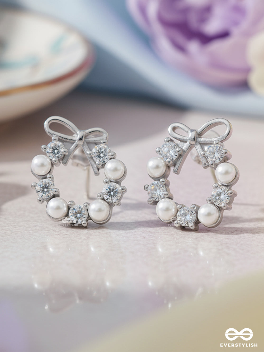Ribbon Pearl - Lustrous Bow-Top Silver Earrings