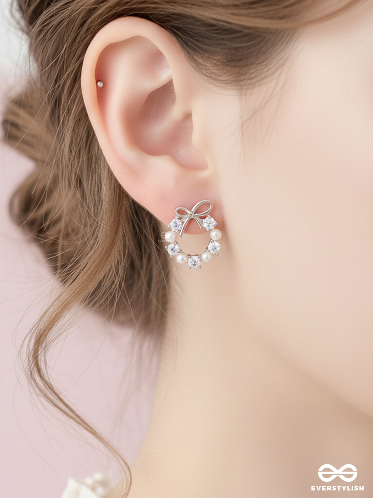 Ribbon Pearl - Lustrous Bow-Top Silver Earrings