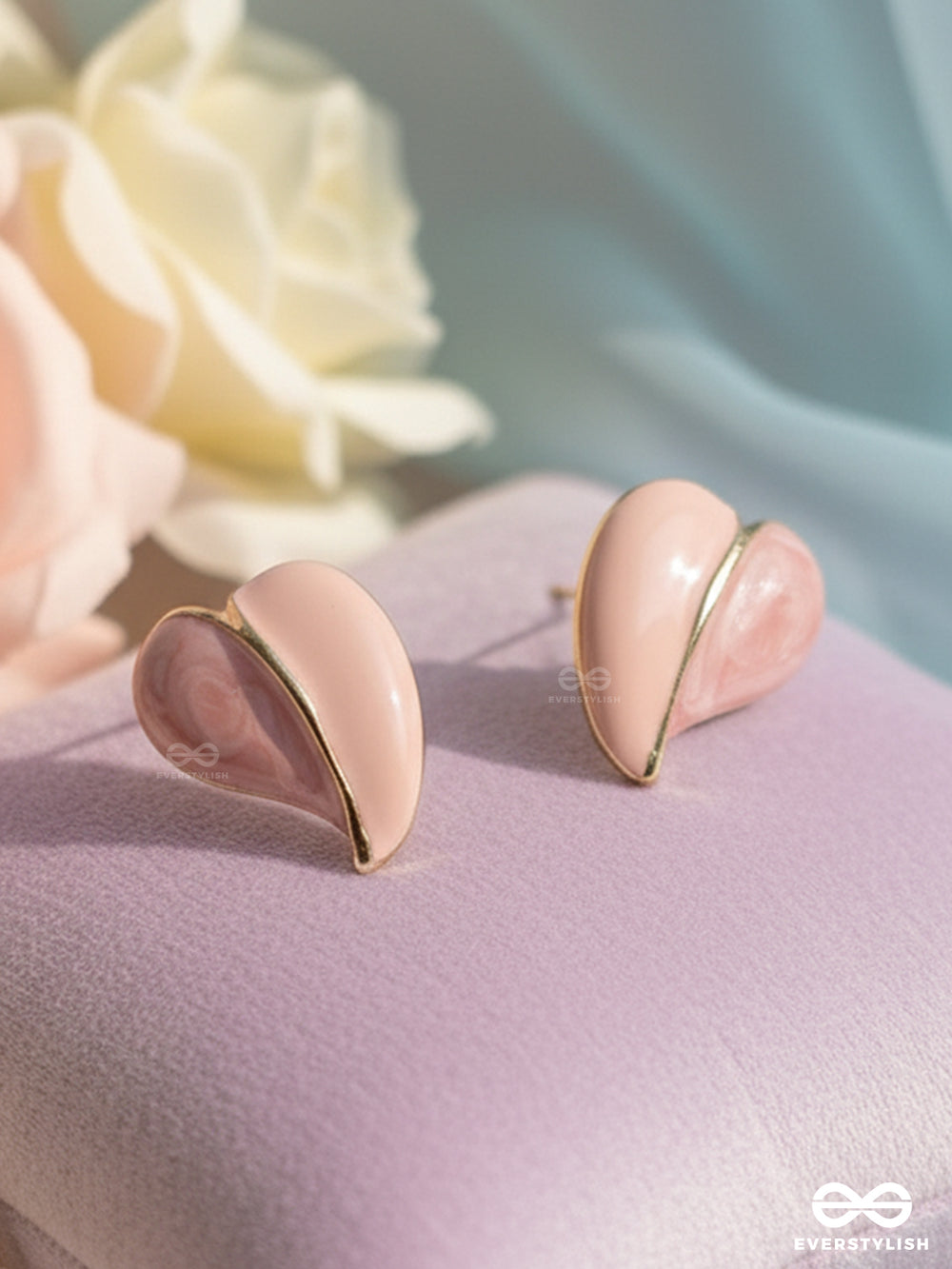 Honey Heart - Pastel Pink Enamel Heart Studs With Gold Touch