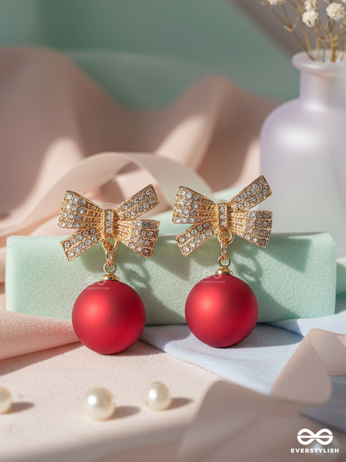 Ribbon Rush - Red Ball Earrings With Sparkly Bows