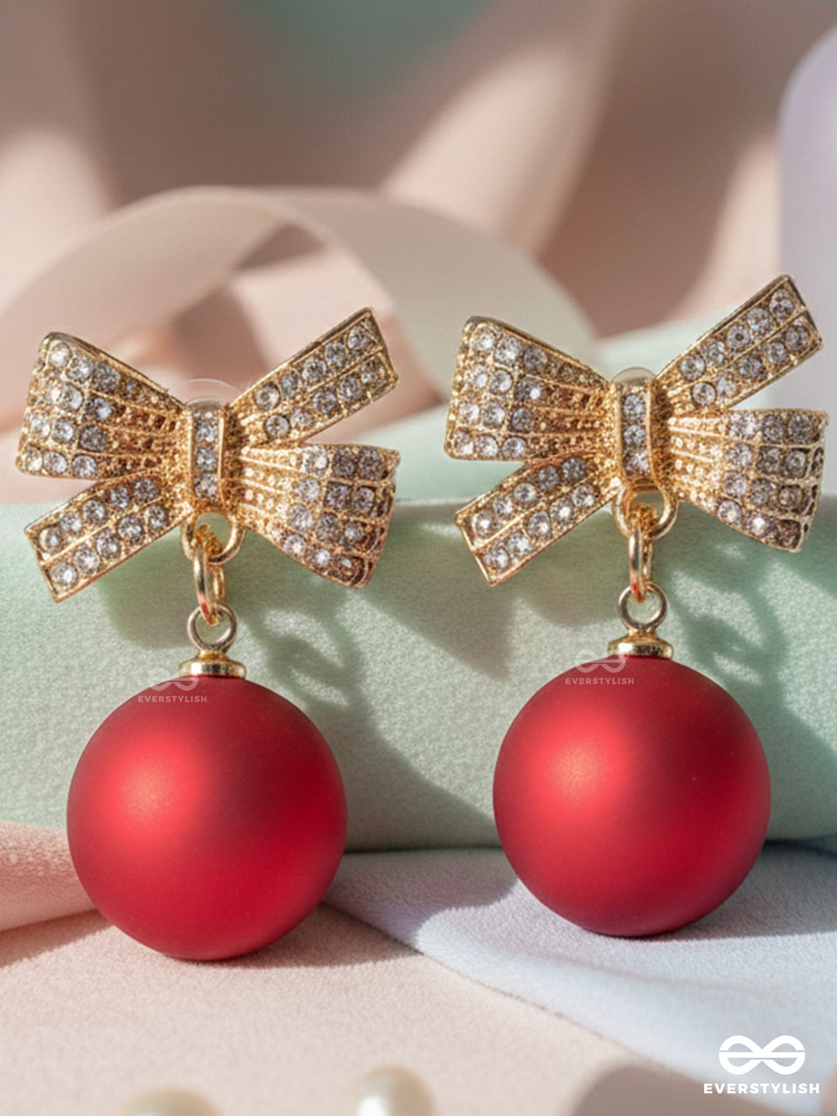 Ribbon Rush - Red Ball Earrings With Sparkly Bows