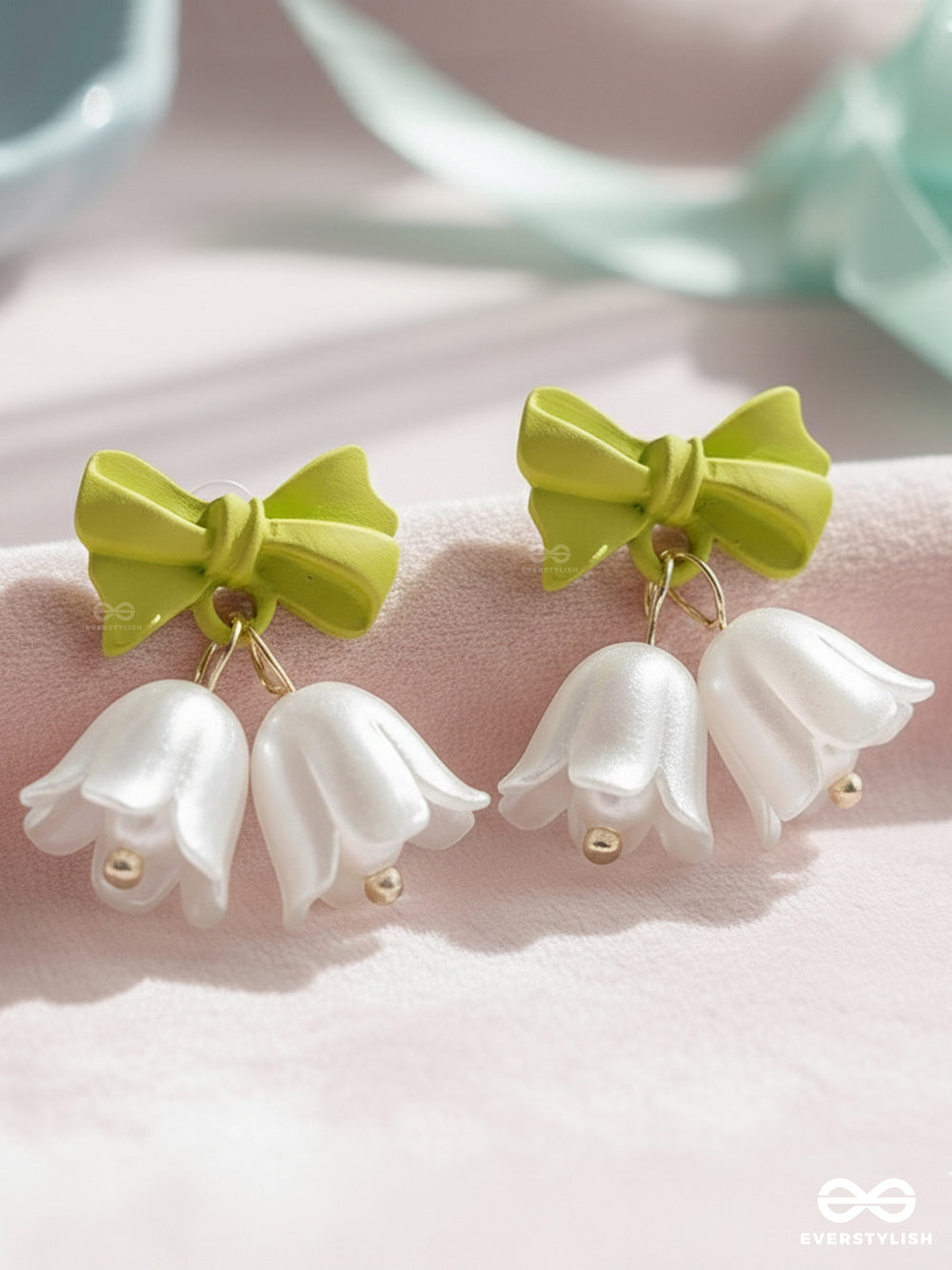 Mint Bells - Frosted White Floral Earrings With Green Bow