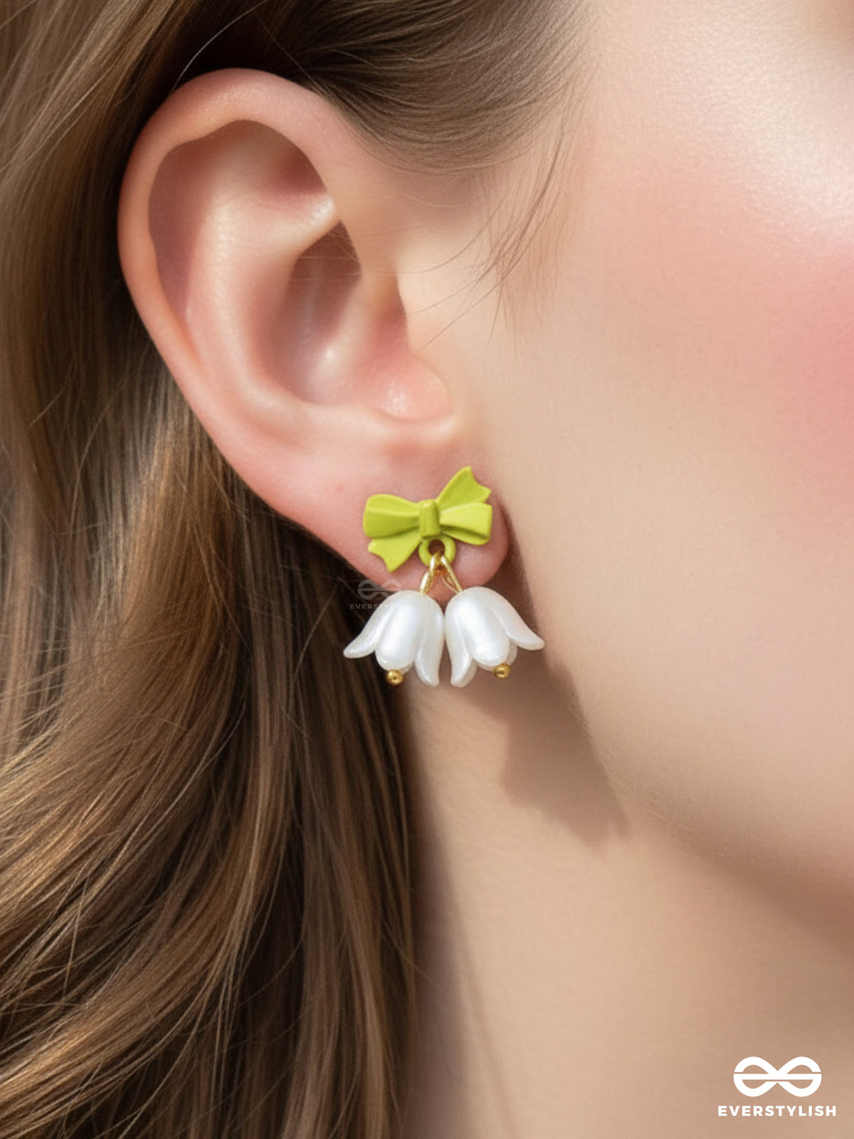 Mint Bells - Frosted White Floral Earrings With Green Bow