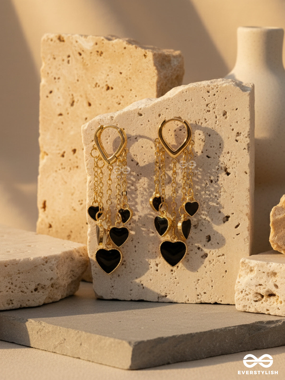 Heartstream Glitz - Golden Chain Drop Heart Earrings