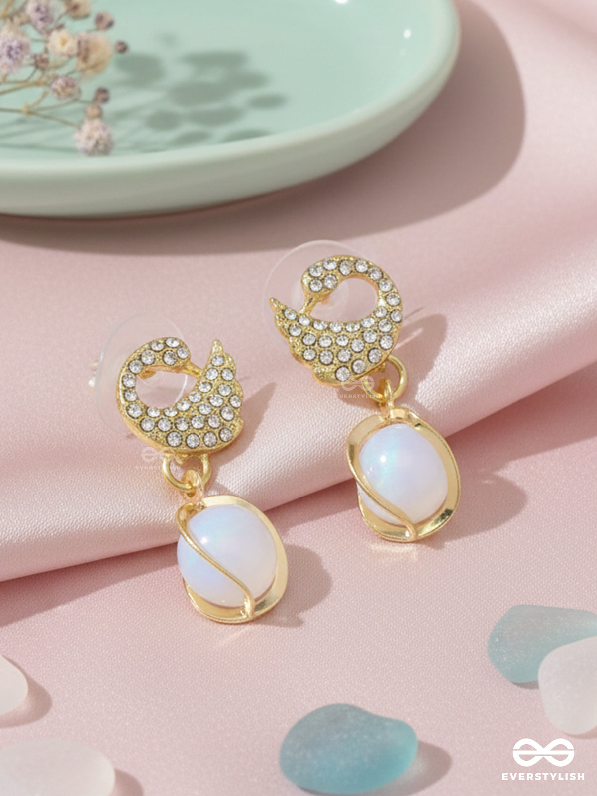 Misty Swirl - Gold Crystal Curve With Frosted Drop Earrings