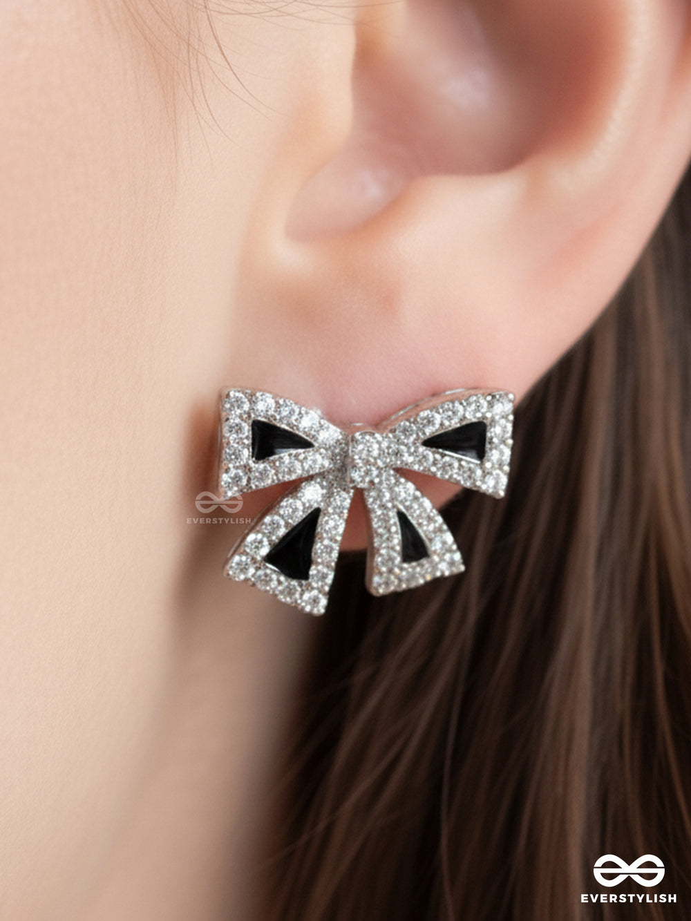 Bling Bowtie - Shiny Black & Crystal Bow Studs