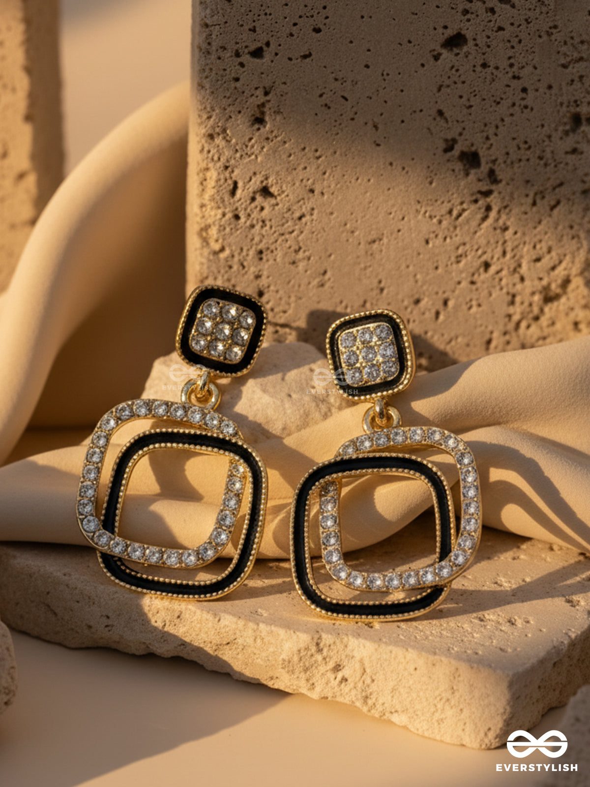 Square Loop - Modern Black & Gold Drop Earrings