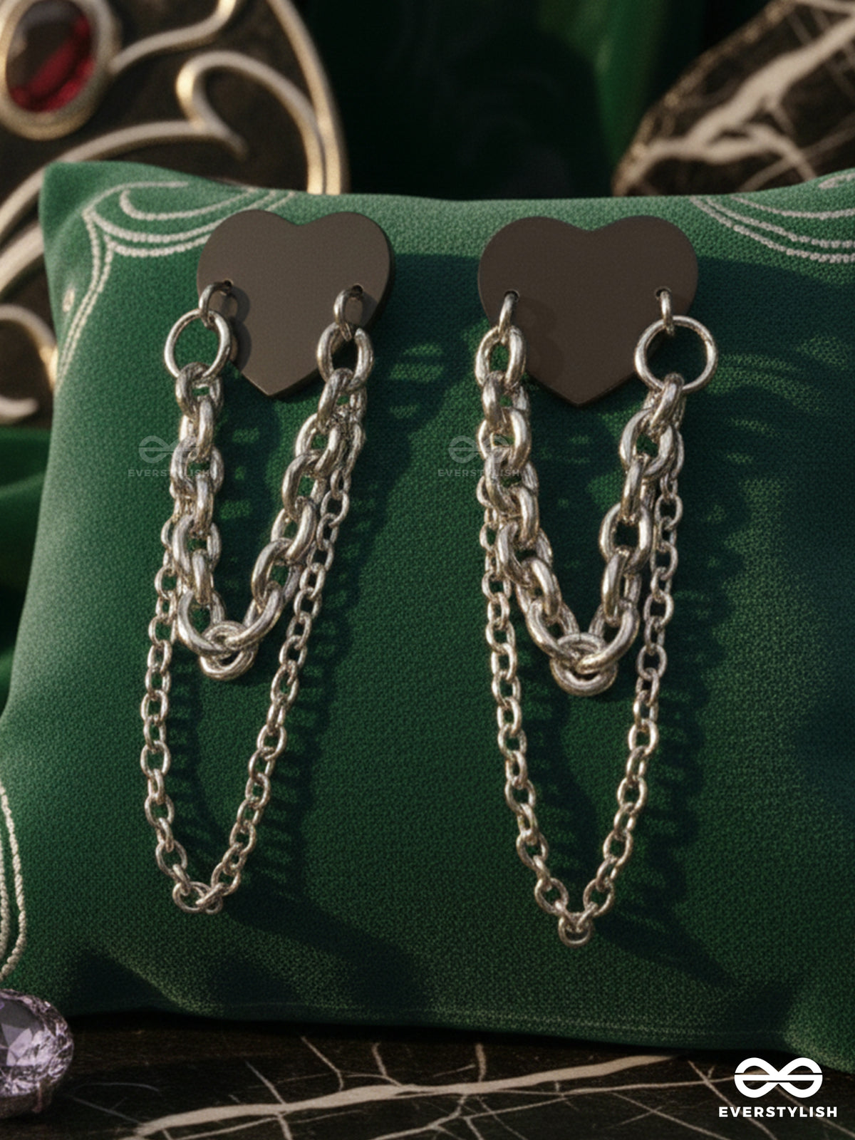 Heartlink- Silver Chained Black Heart Stud