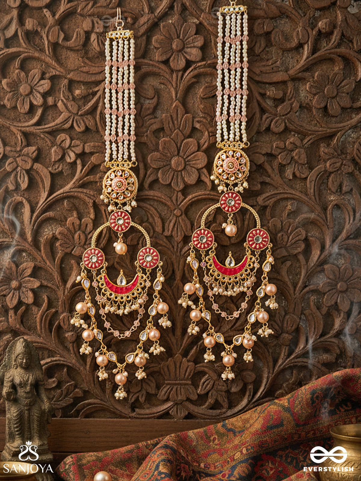 Padmali - Lotus Girl - Gold & Pink Motif With Pearl Hangings Earrings