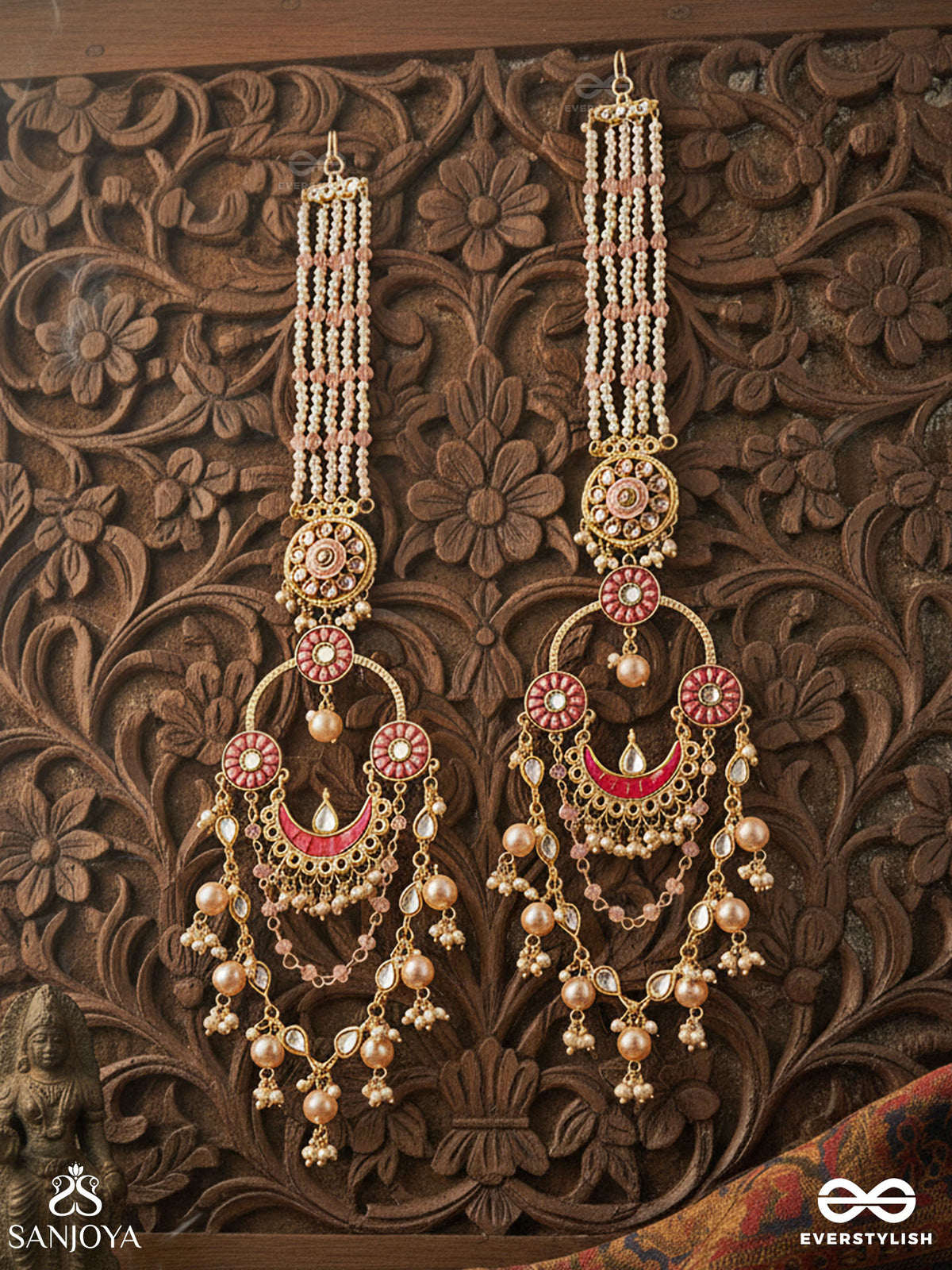 Padmali - Lotus Girl - Gold & Pink Motif With Pearl Hangings Earrings