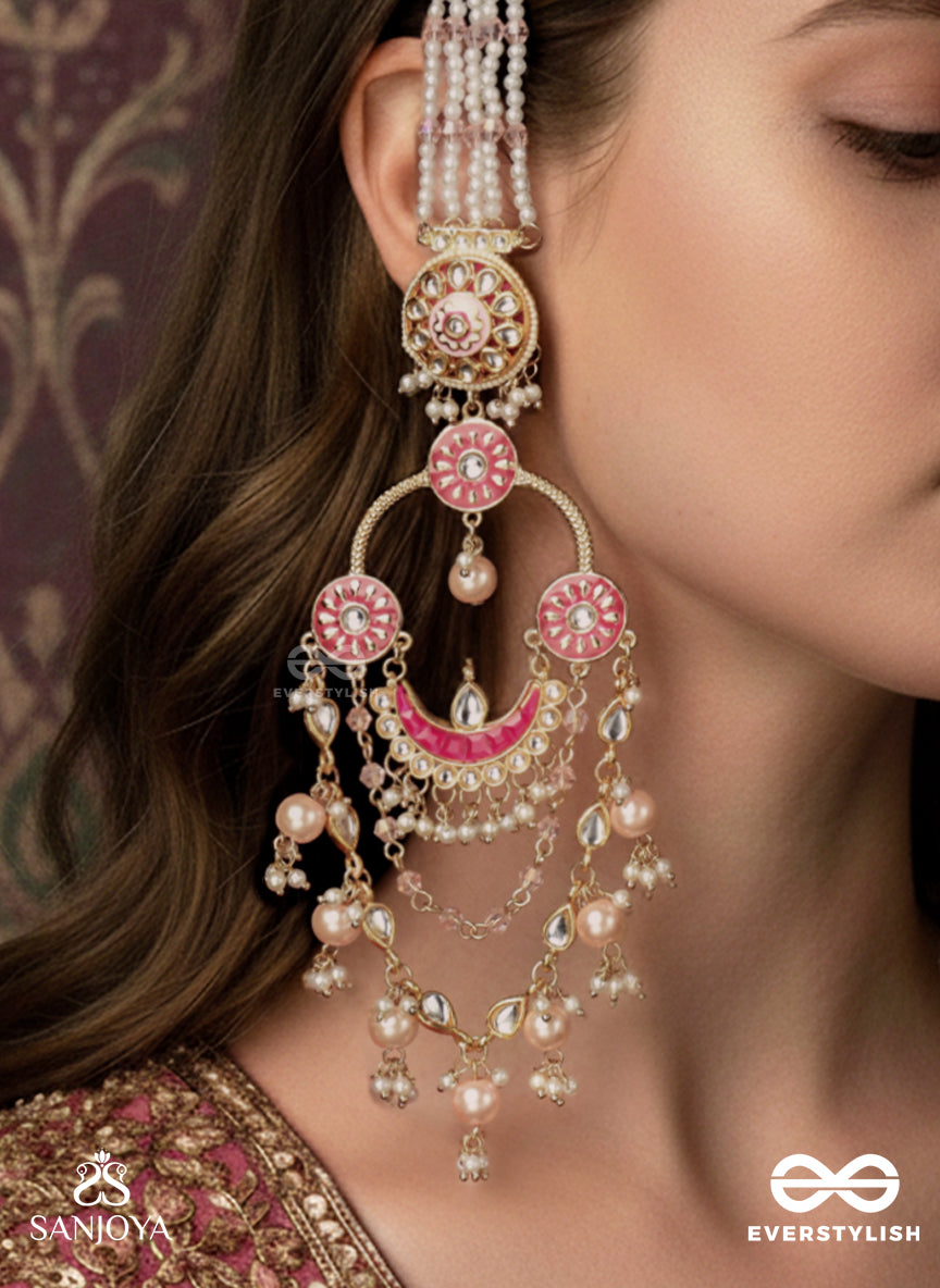 Padmali - Lotus Girl - Gold & Pink Motif With Pearl Hangings Earrings